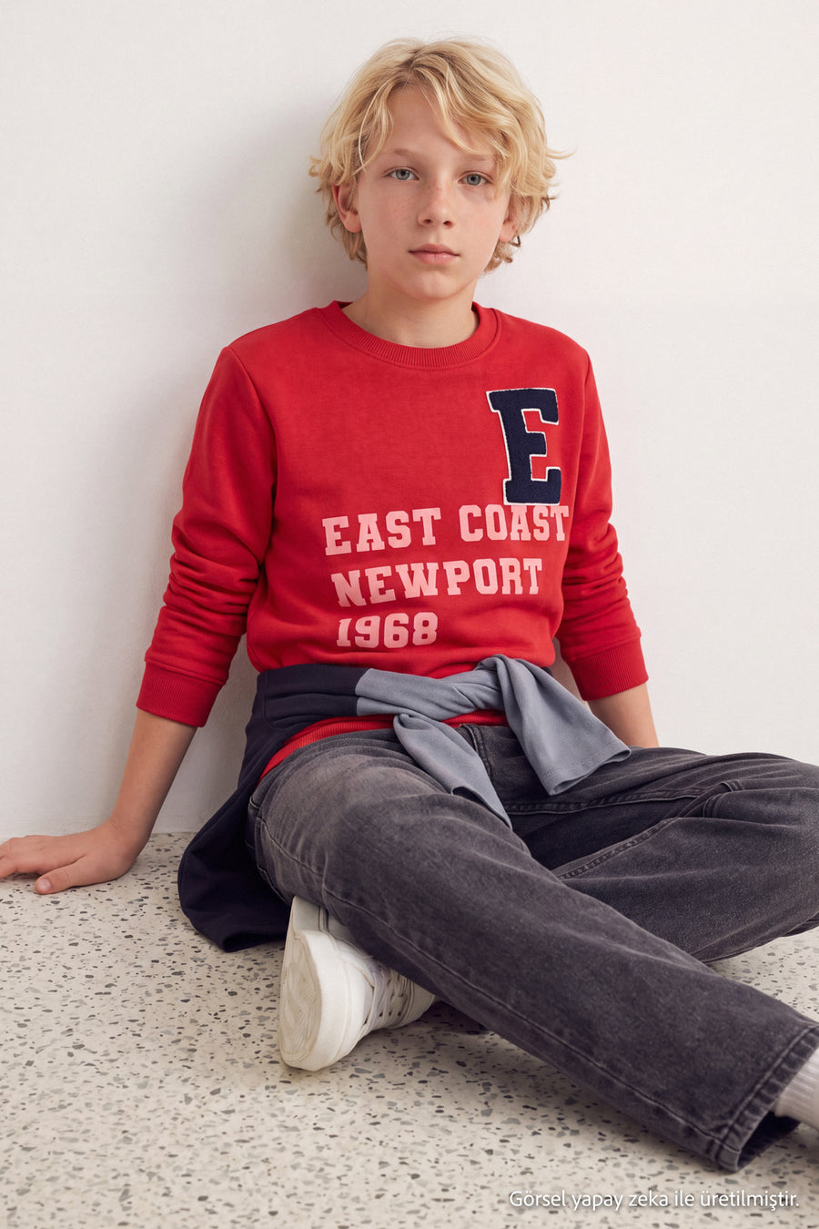 Boys' Red Embroidered Thick Cotton Sweatshirt