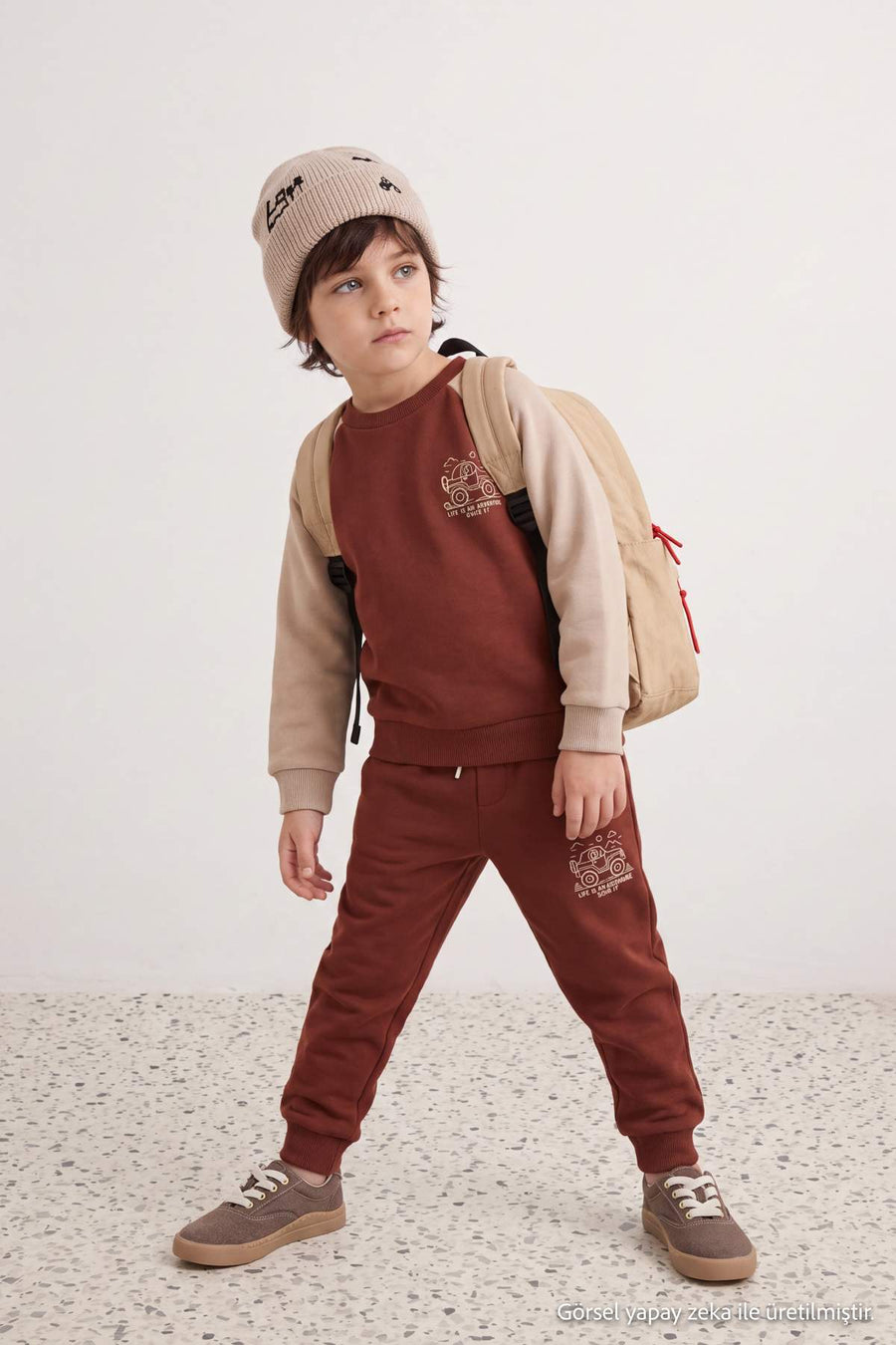 Boys' Brown Embroidered Oversized Two-Piece Set