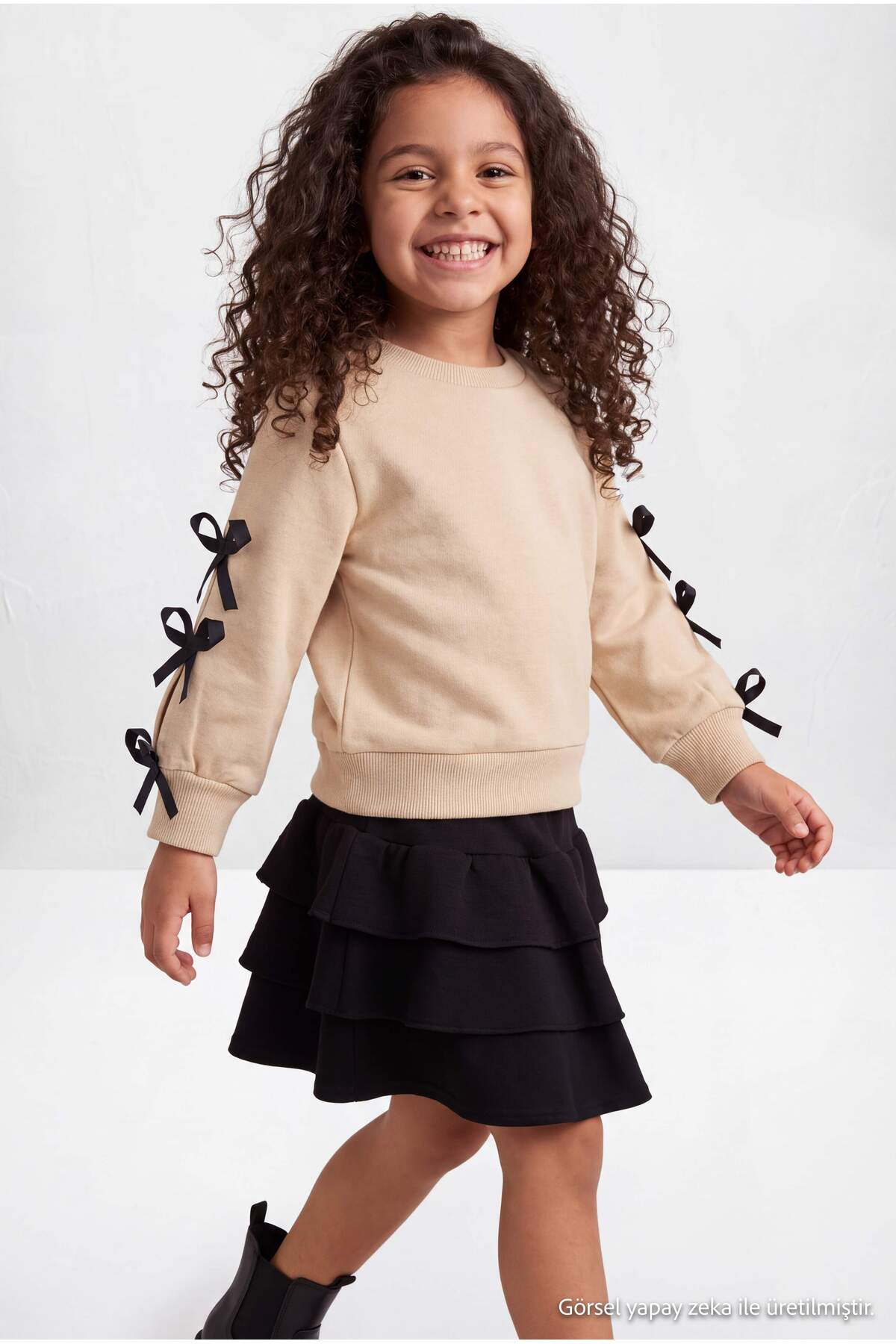 Girls' Bow-Sleeve Sweatshirt & Tiered Skirt Set
