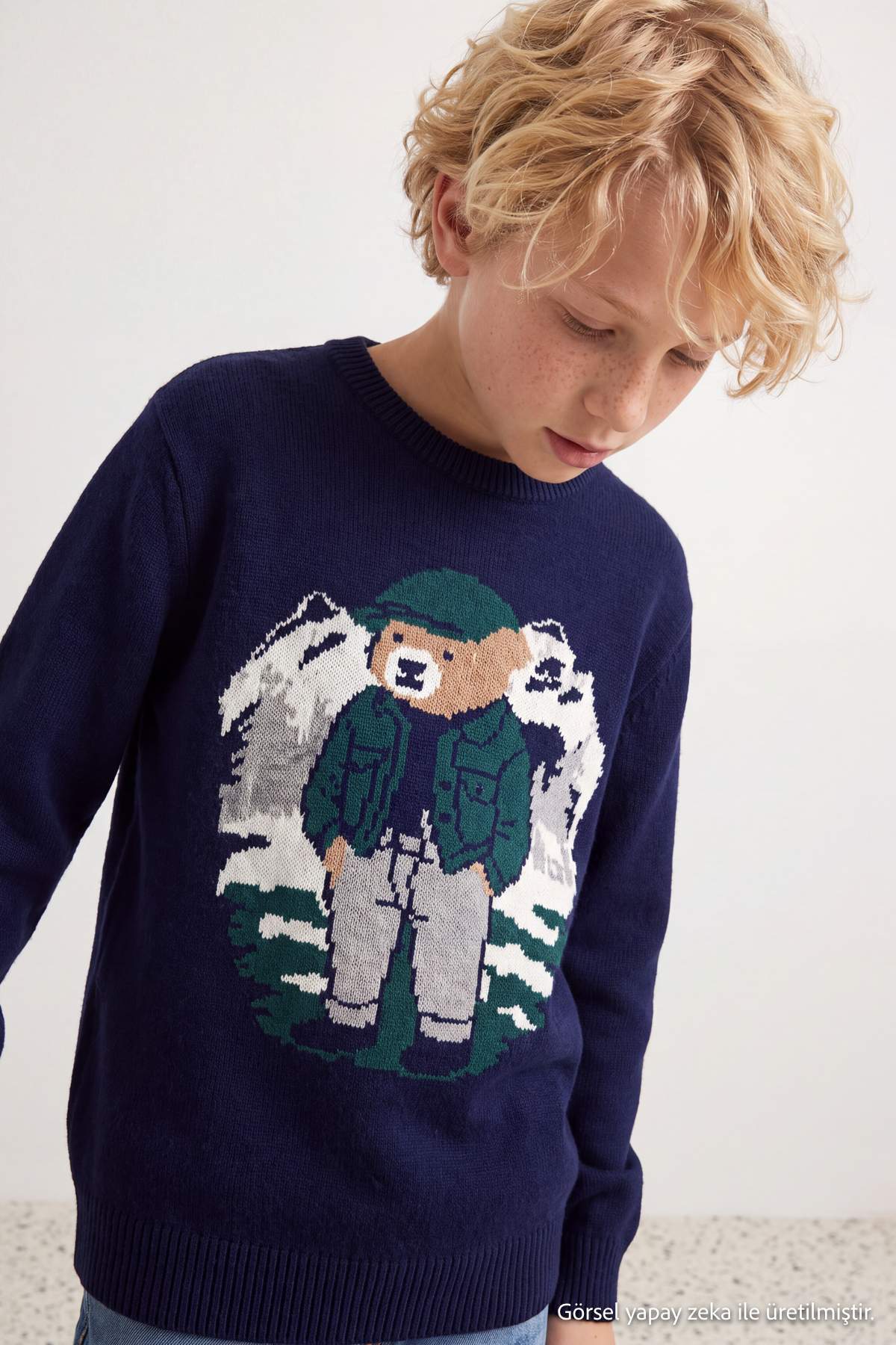 Boys' Navy Bear Jacquard Jumper