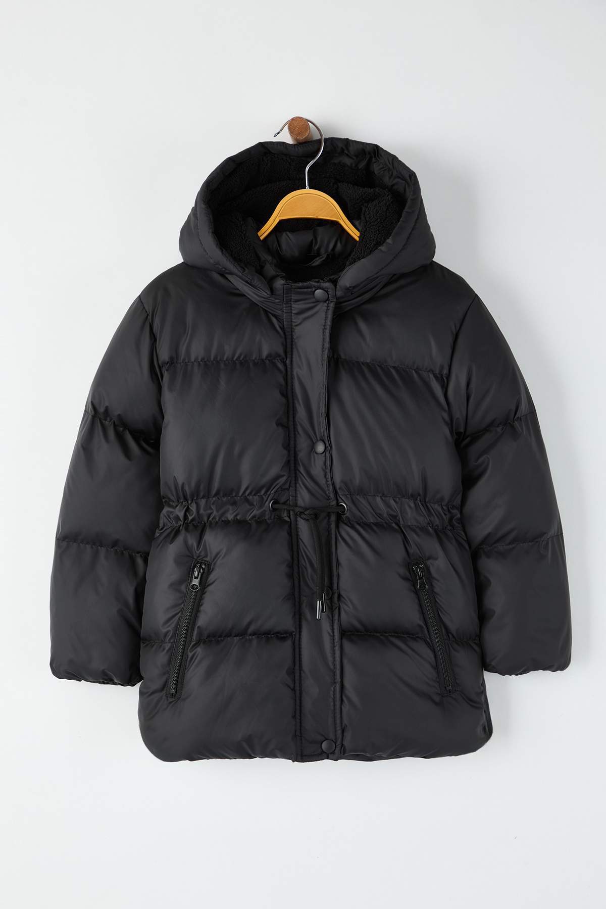 Girls' Black Fleece-Lined Hooded Coat