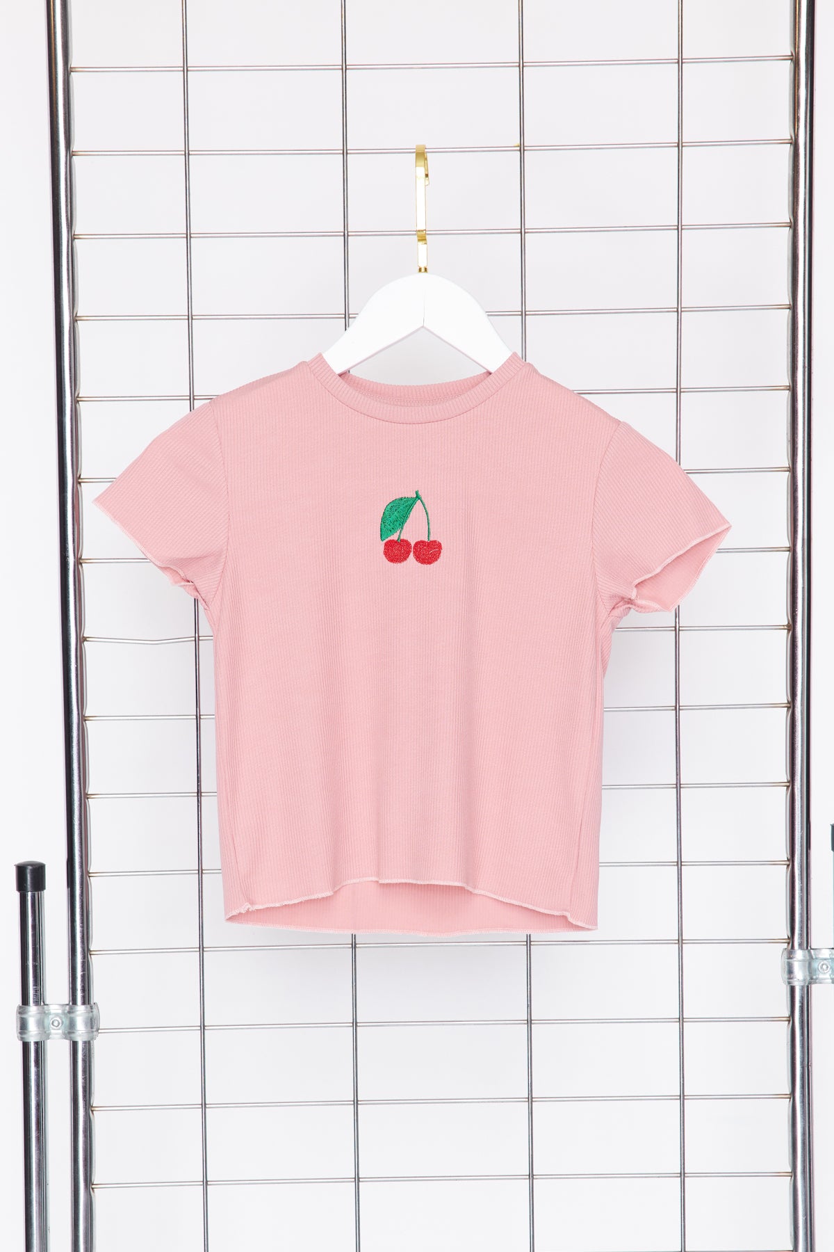 Girls' Light Pink Cherry Ribbed Cotton T-Shirt