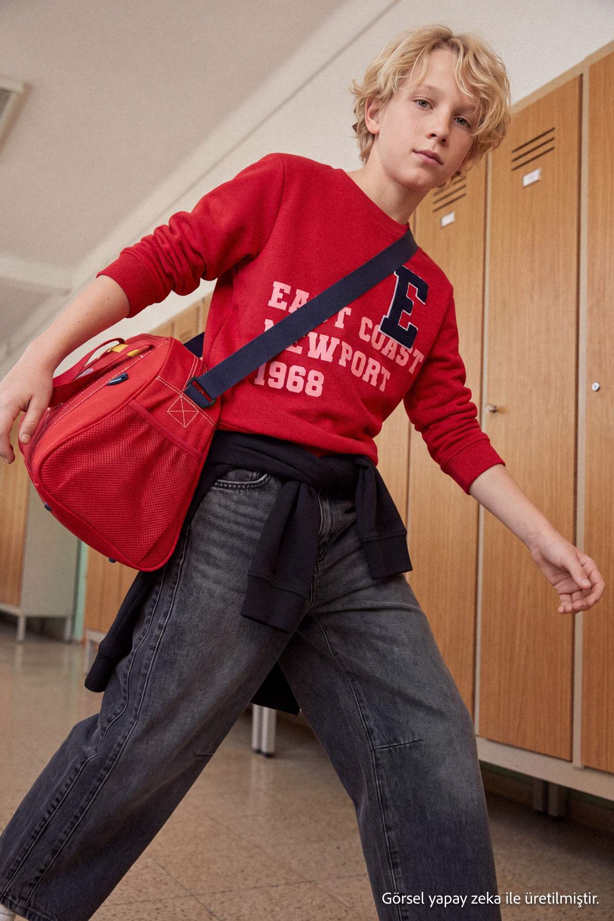 Boys' Red Embroidered Thick Cotton Sweatshirt