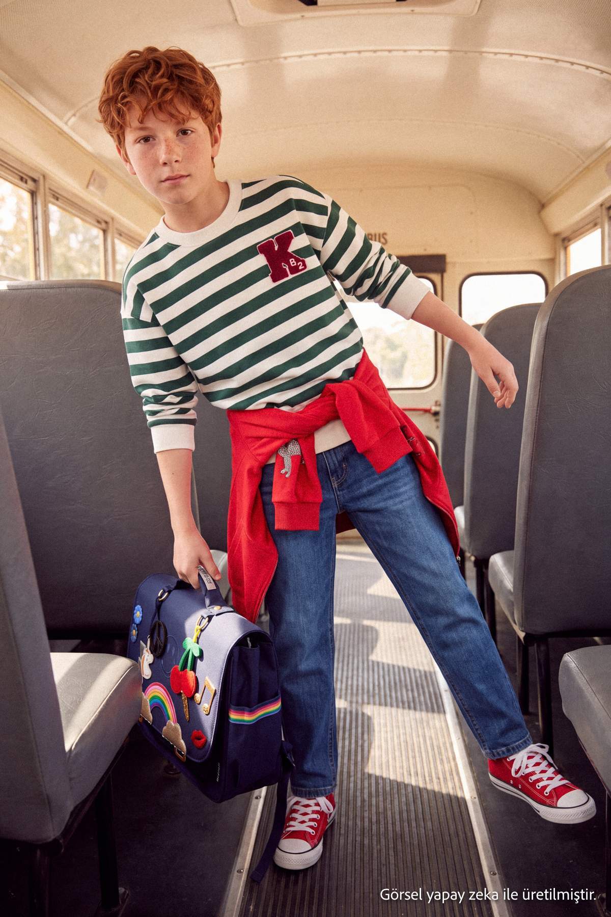Boys' Green Striped Embroidered Thick Sweatshirt