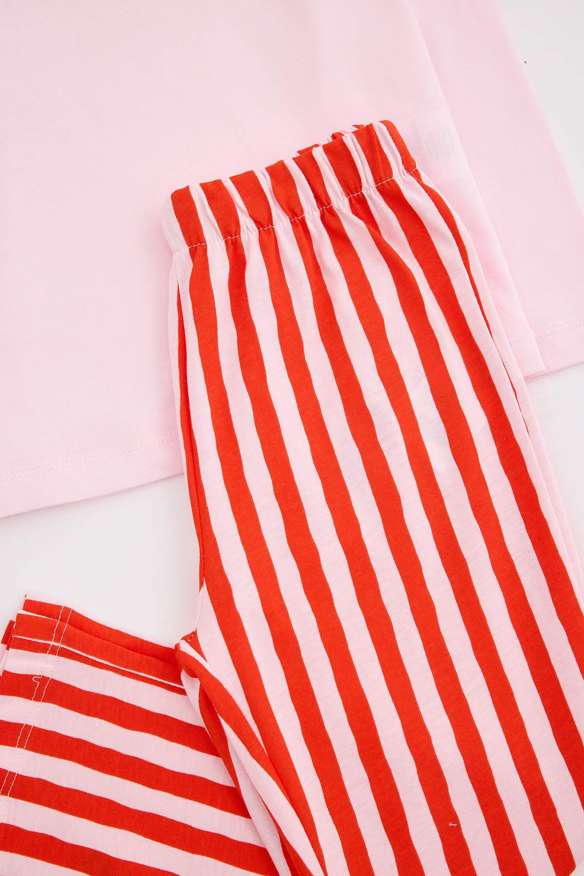 Girls' Powder Pink Top & Striped Trousers Pyjama Set
