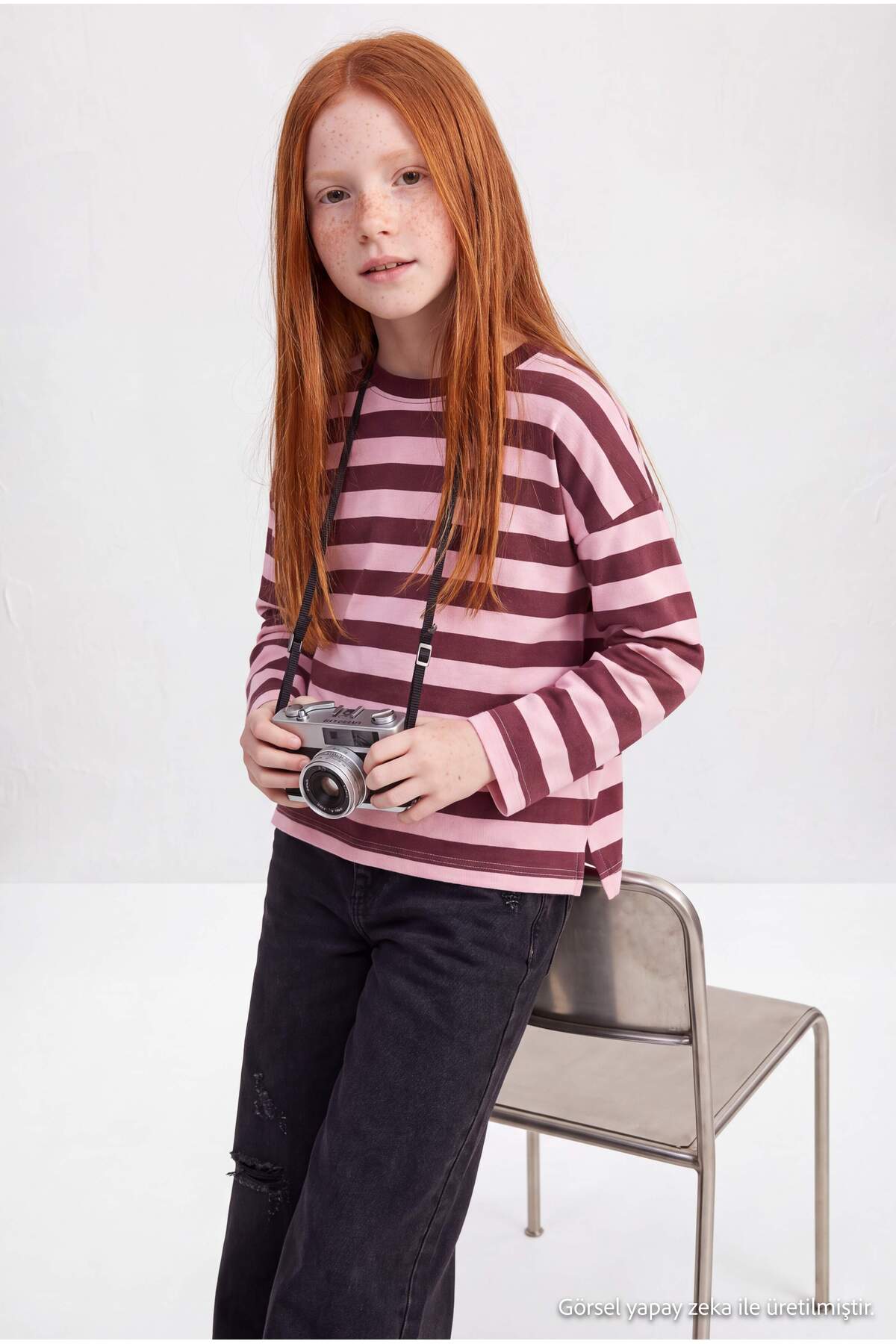 Girls' Burgundy Striped Knit Sweatshirt
