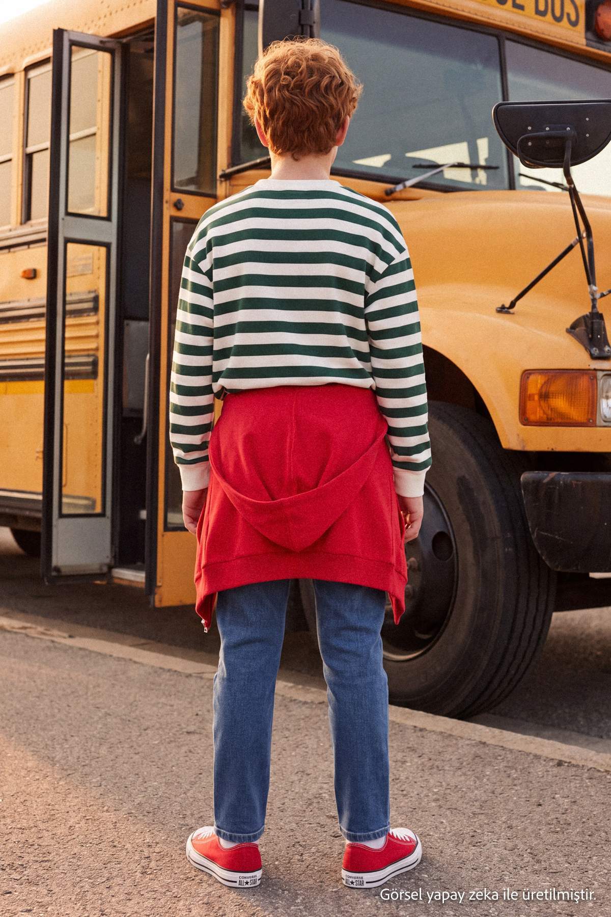 Boys' Green Striped Embroidered Thick Sweatshirt