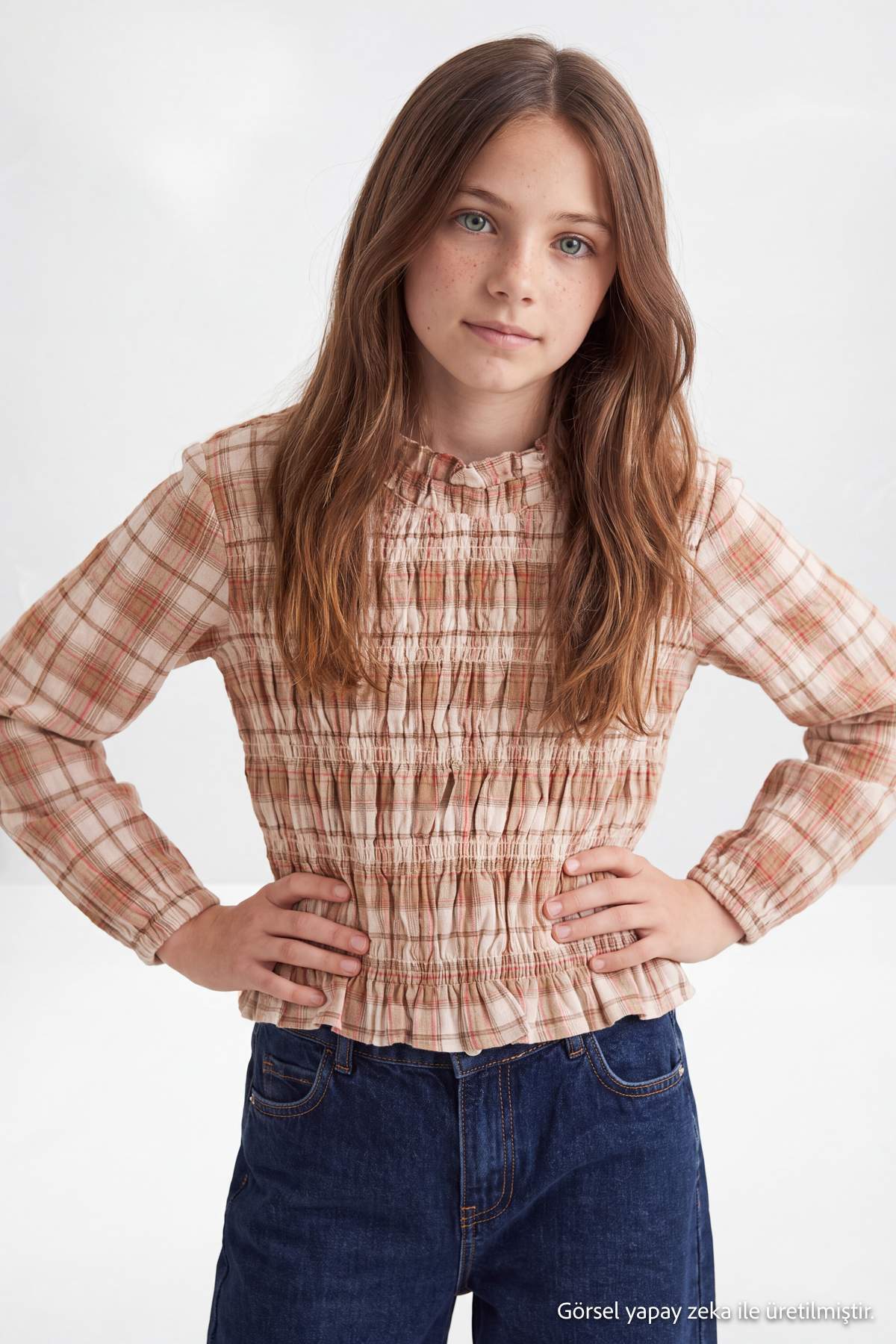 Girls' Plaid Shirred Long-Sleeve Shirt