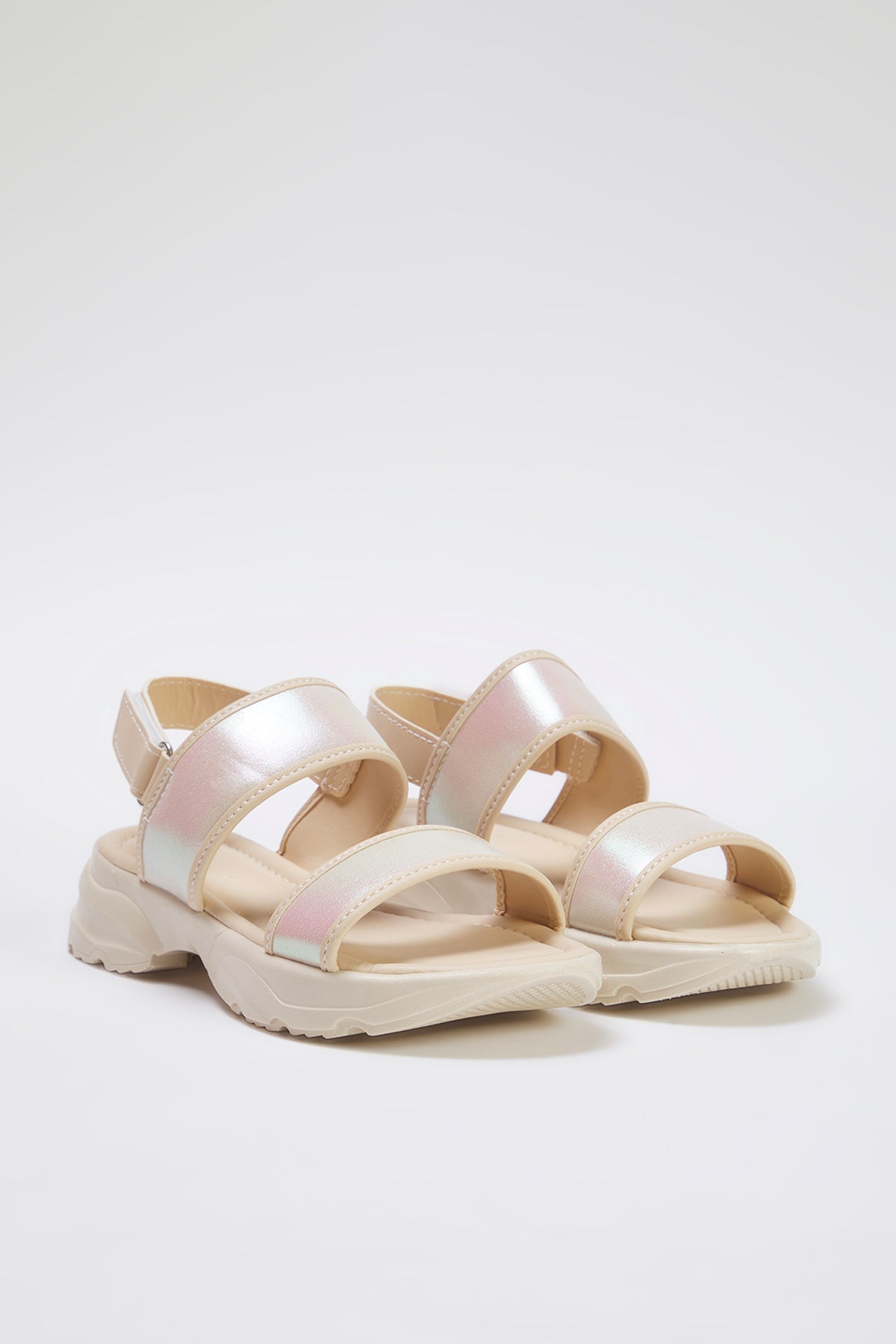 Girls' Beige Holographic Double-Strap Sandals