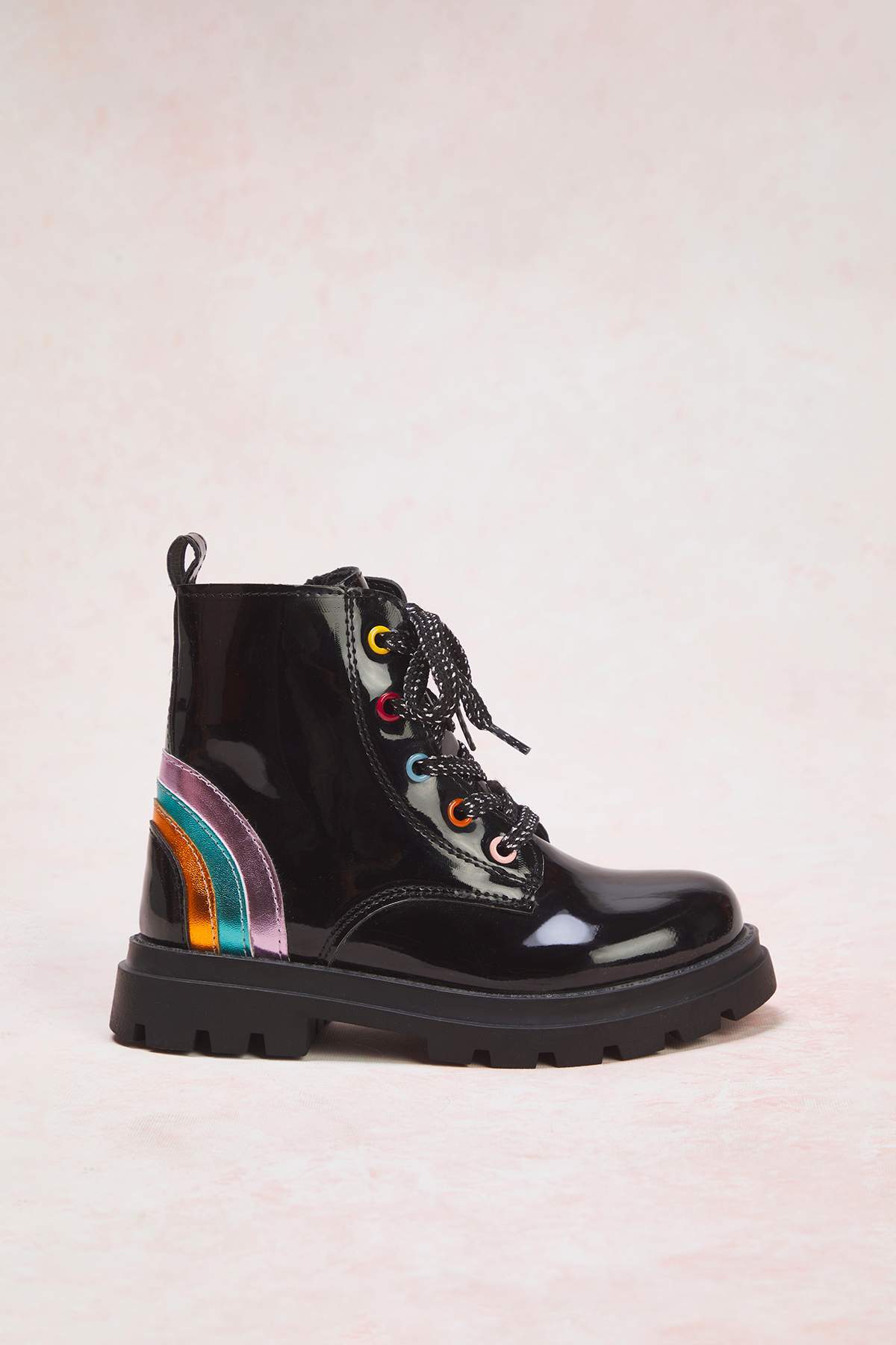 Girls' Black Patent Lace-Up Combat Boots with Zip