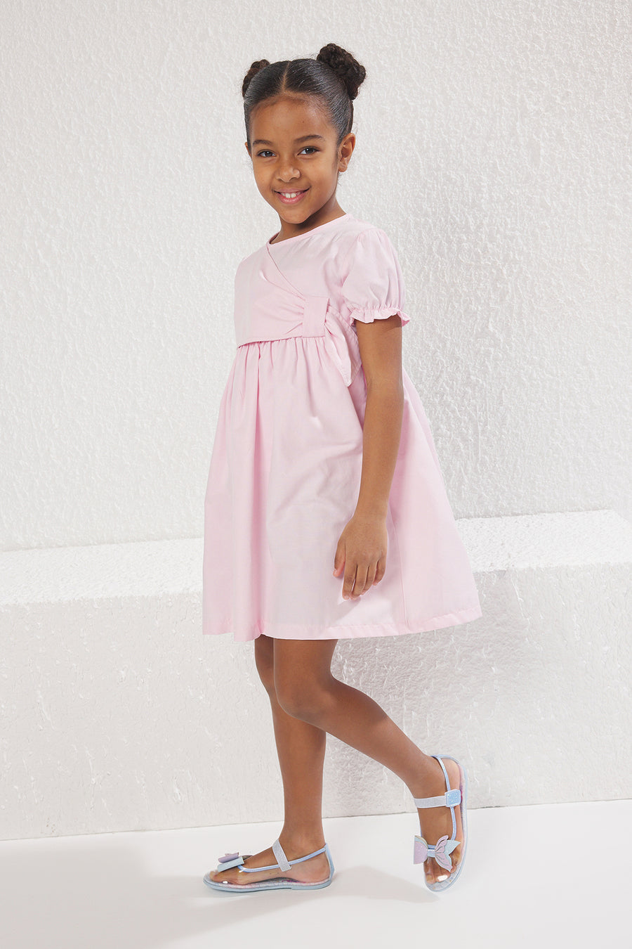 Girls' Pink Cotton Puff-Sleeve Wrap Party Dress