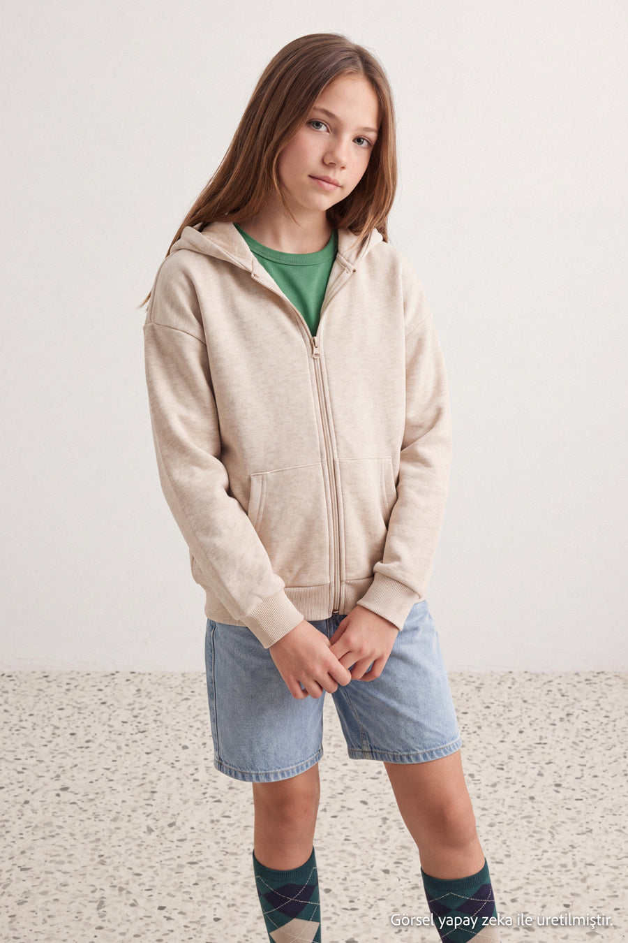 Girls' Ecru Thick Zip-Up Hoodie