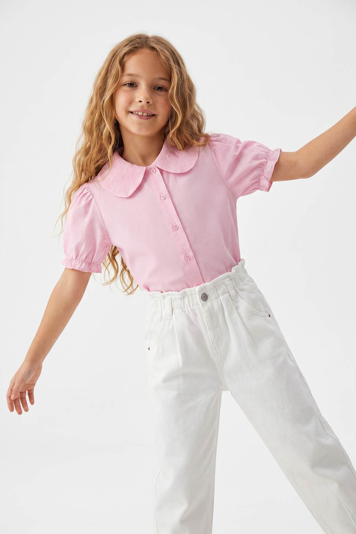 Girls' Pink Slim-Fit Cropped Shirt