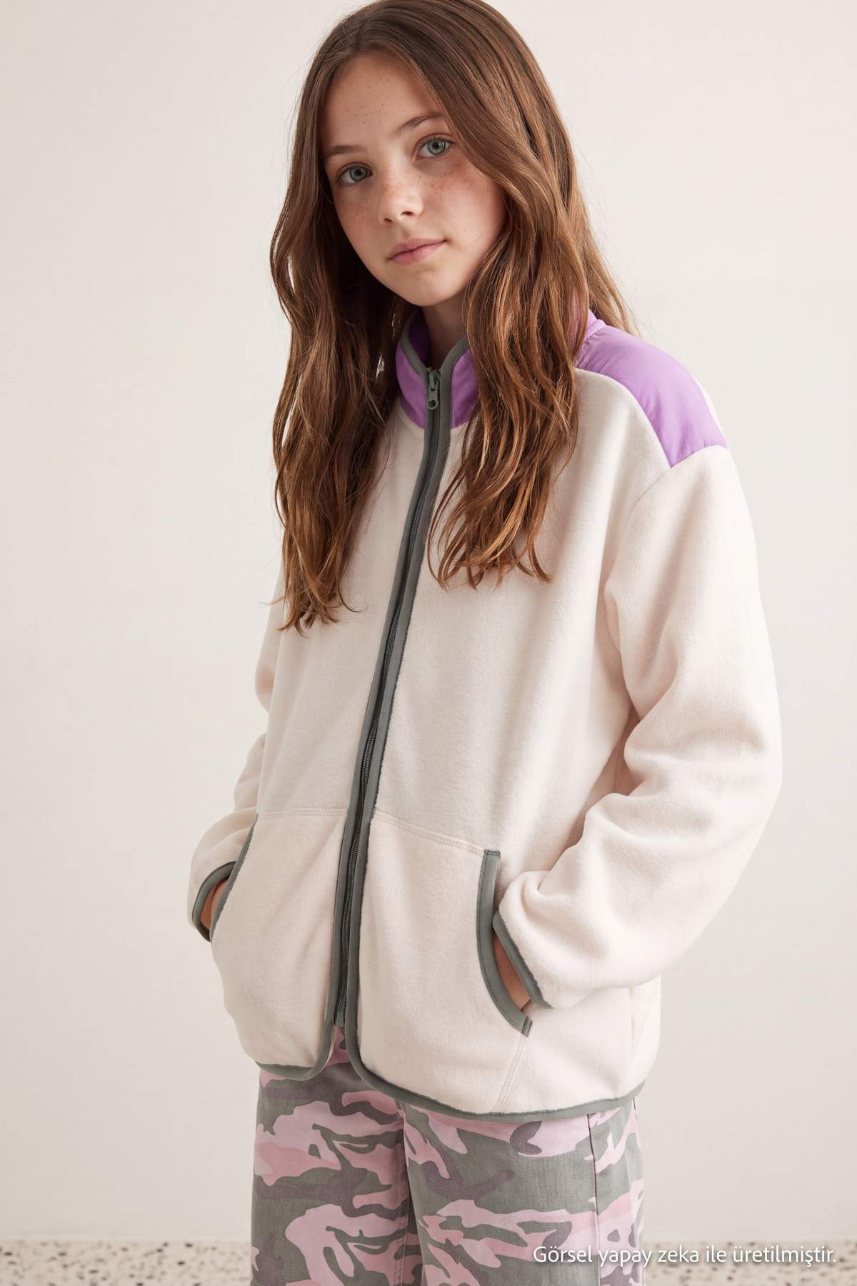 Girls' Ecru Fleece Jacket with Pockets