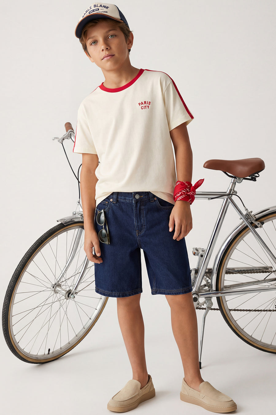 Boys' Ecru Slogan-Embroidered Piped Cotton T-Shirt