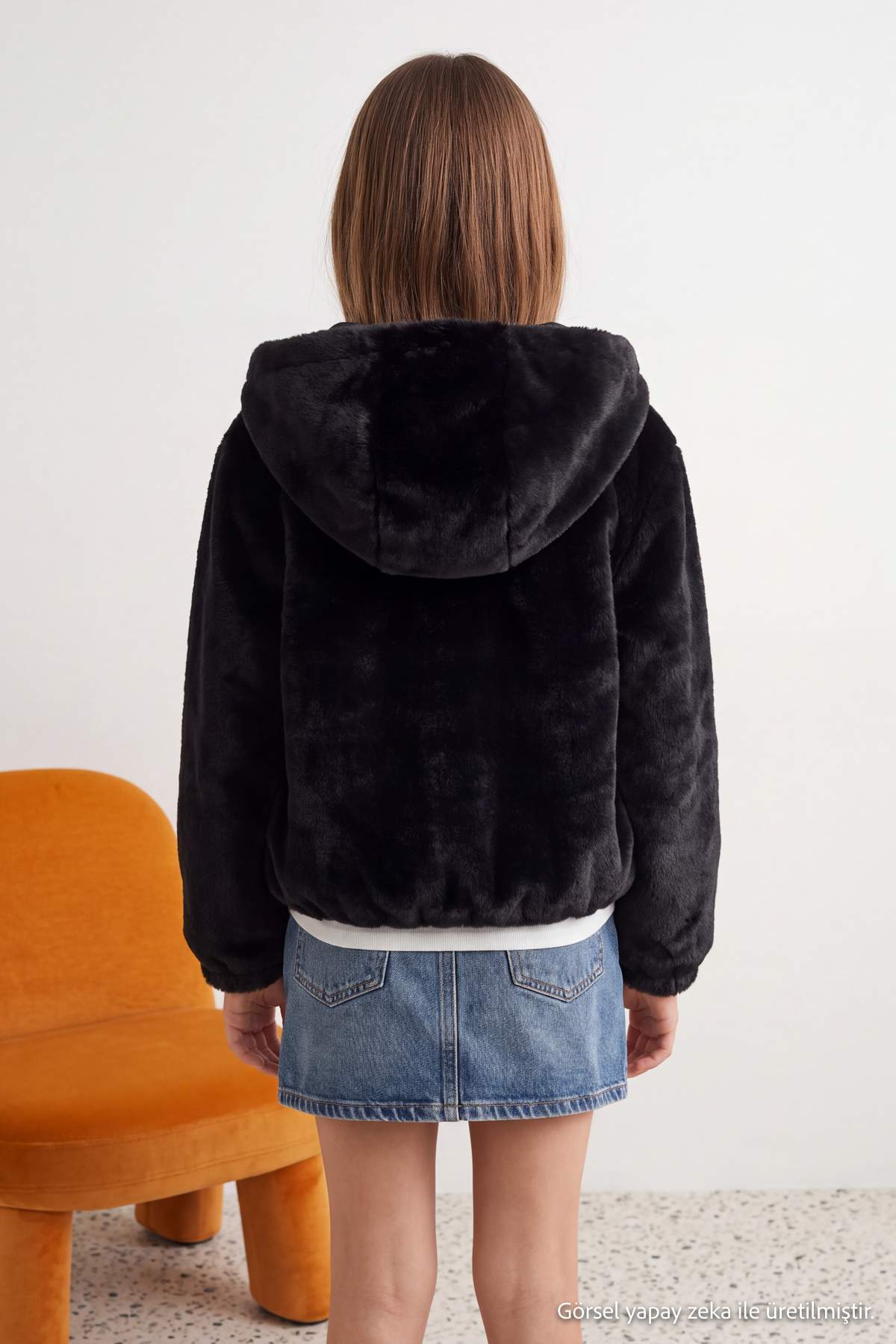 Girls' Black Hooded Plush Jacket