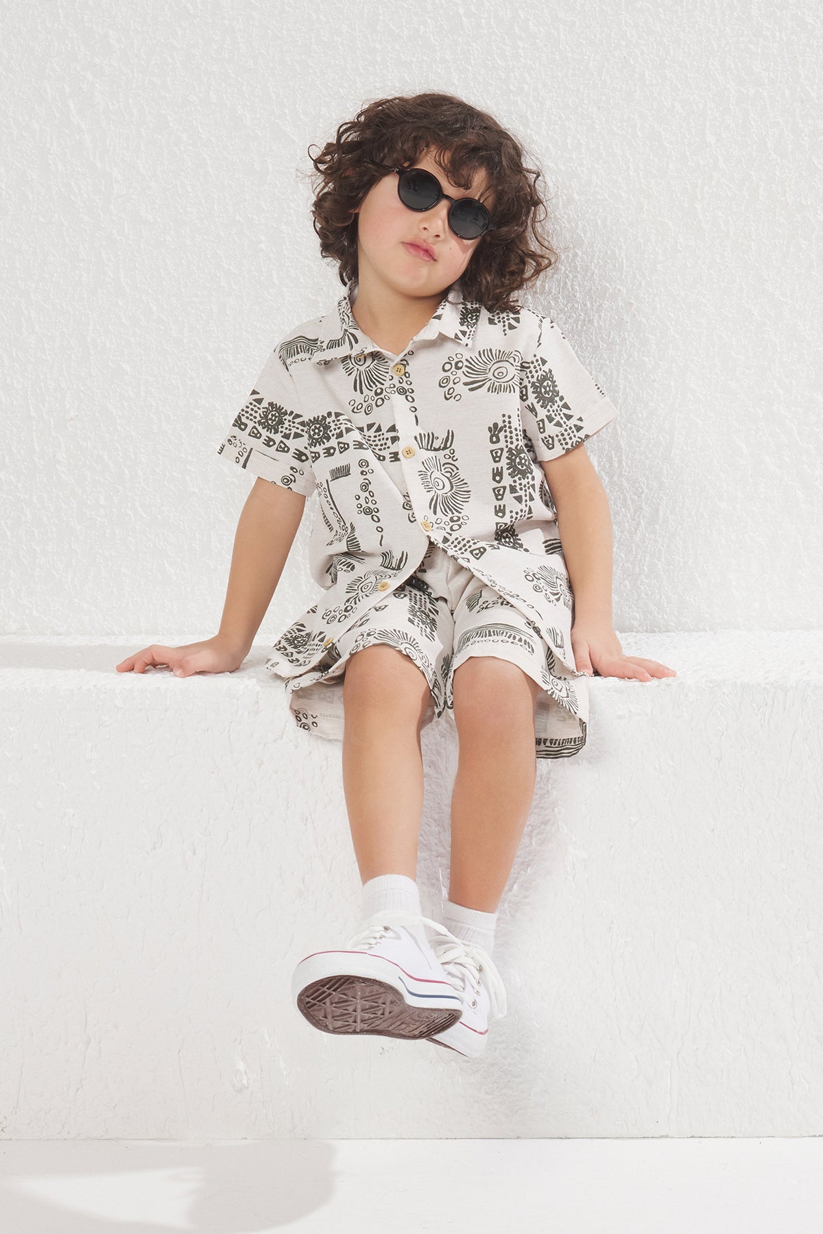 Boys' Beige Printed Woven Shirt & Shorts Set