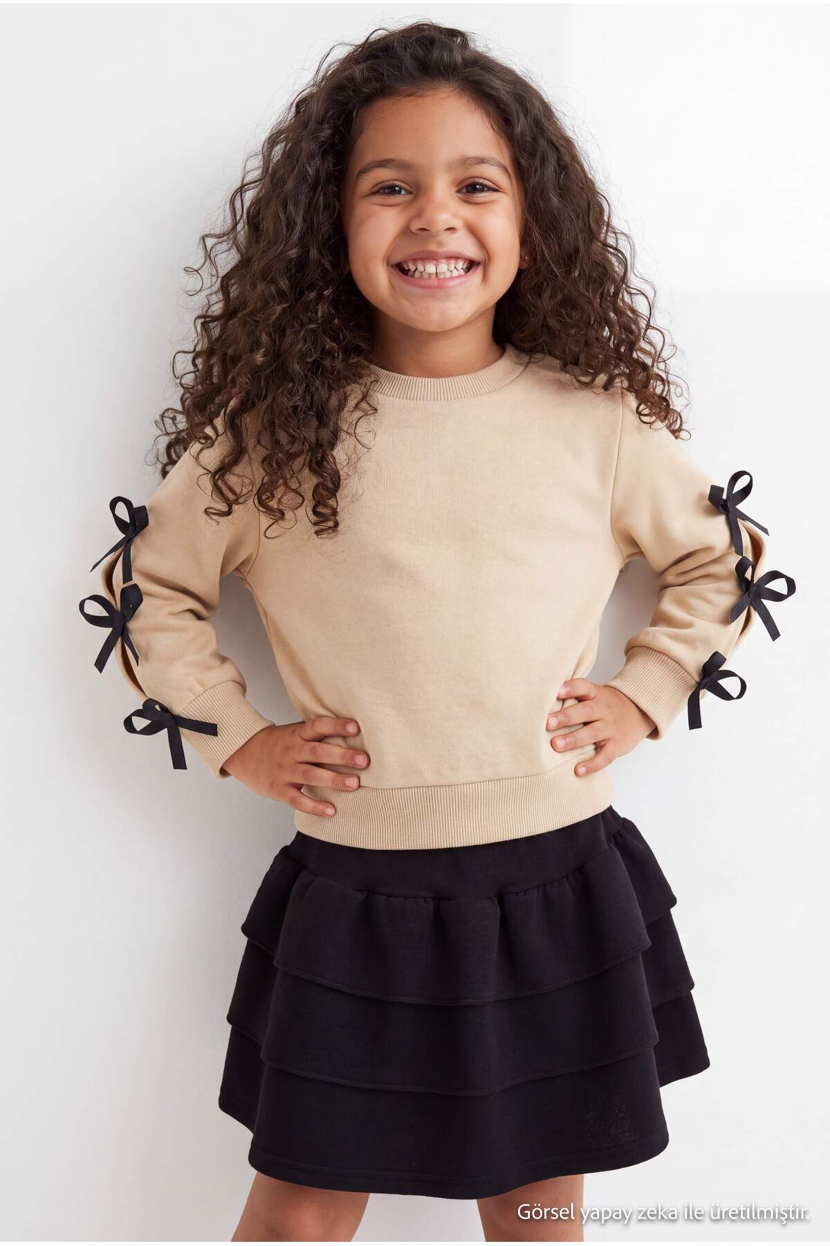 Girls' Bow-Sleeve Sweatshirt & Tiered Skirt Set