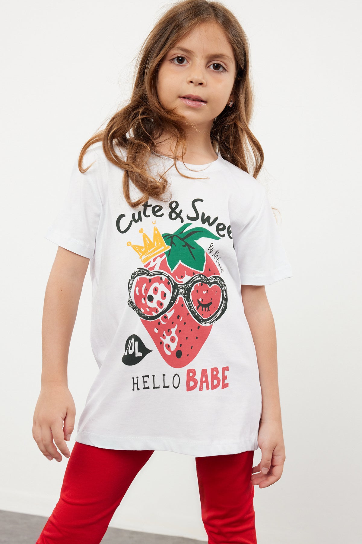 Girls' White Strawberry Slogan Cotton T-Shirt