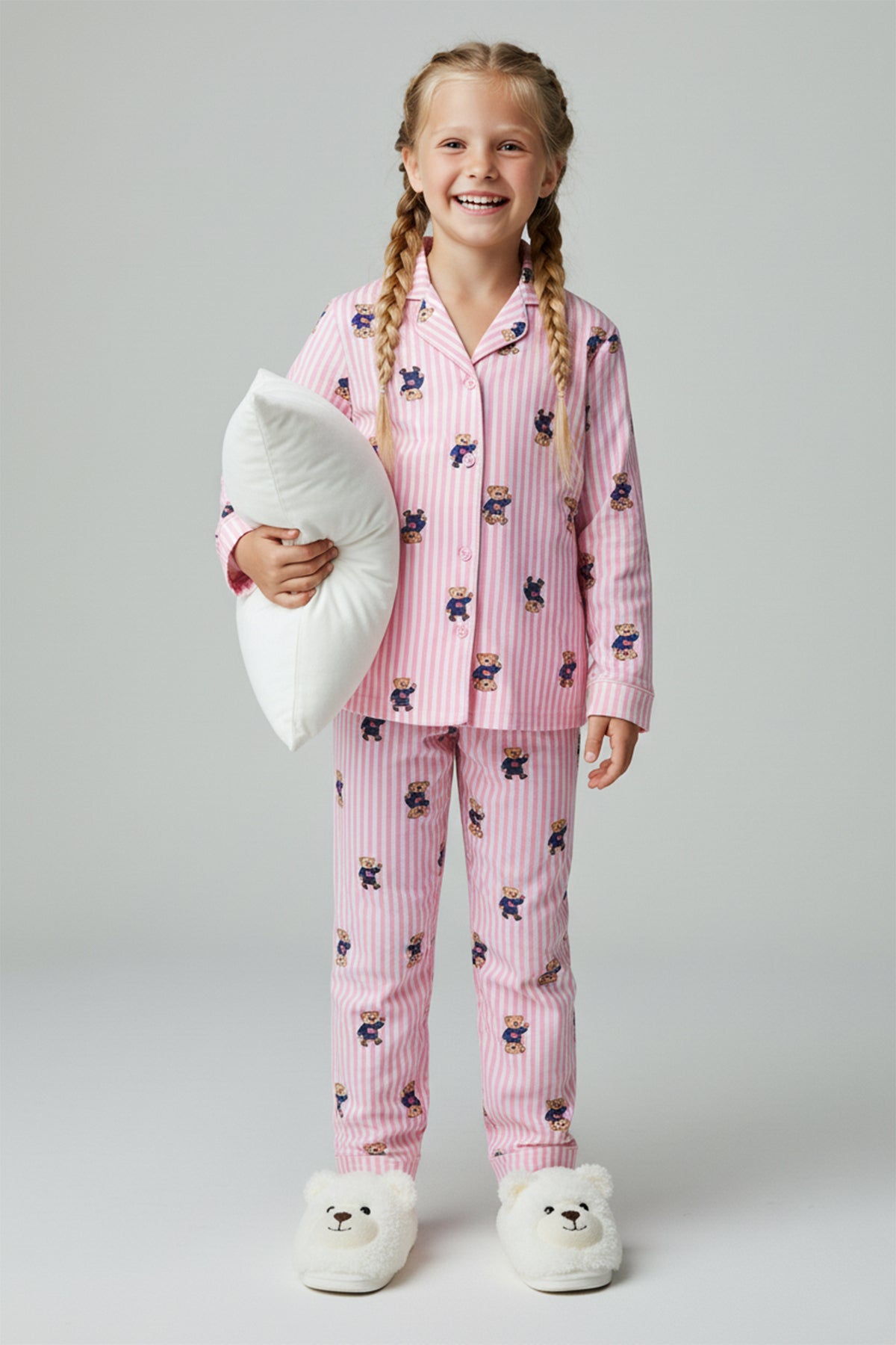 Girls' Pink Soft Patterned Pyjama Set with Shirt Collar