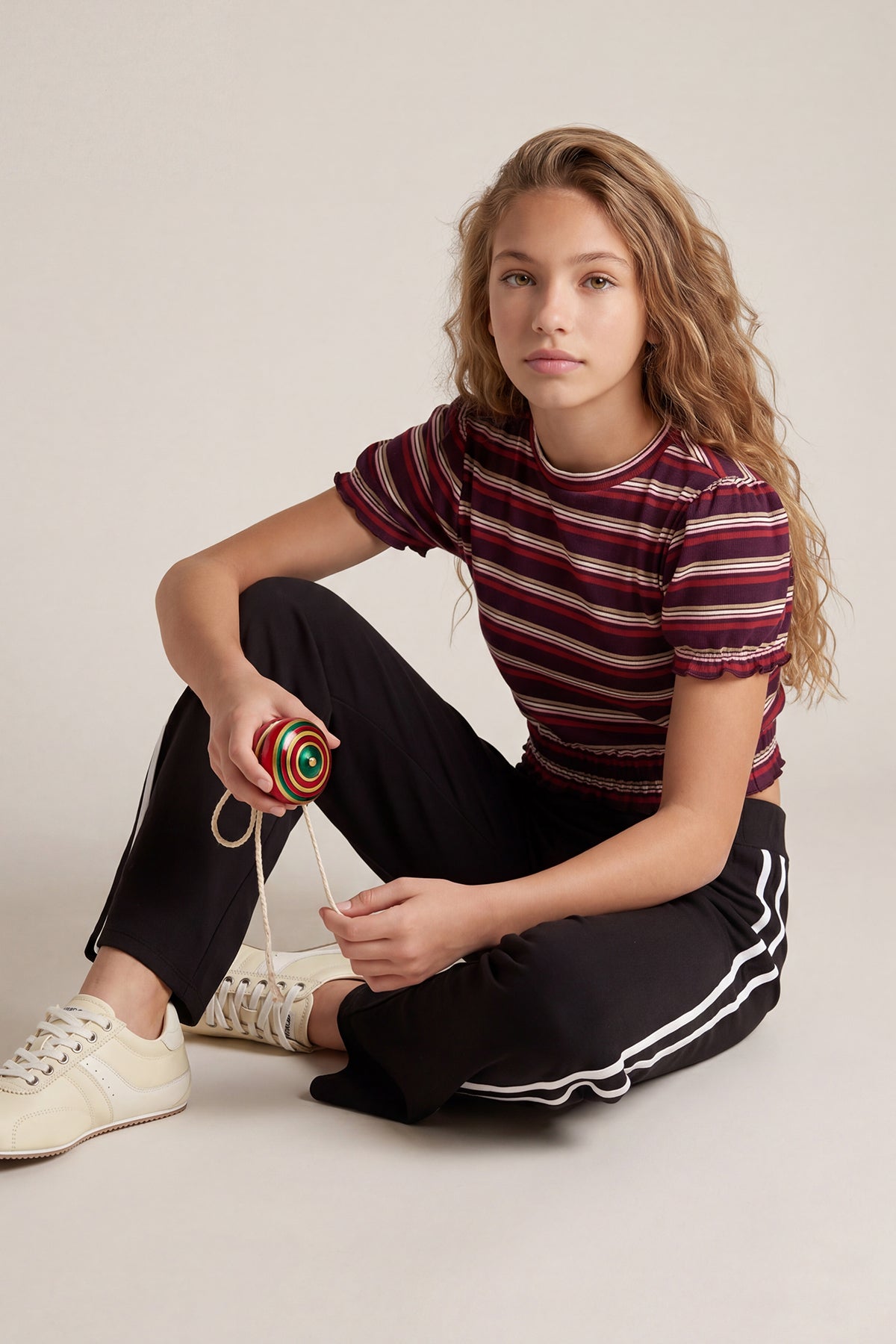 Girls' Piped Stretch Cotton Wide-Leg Trousers