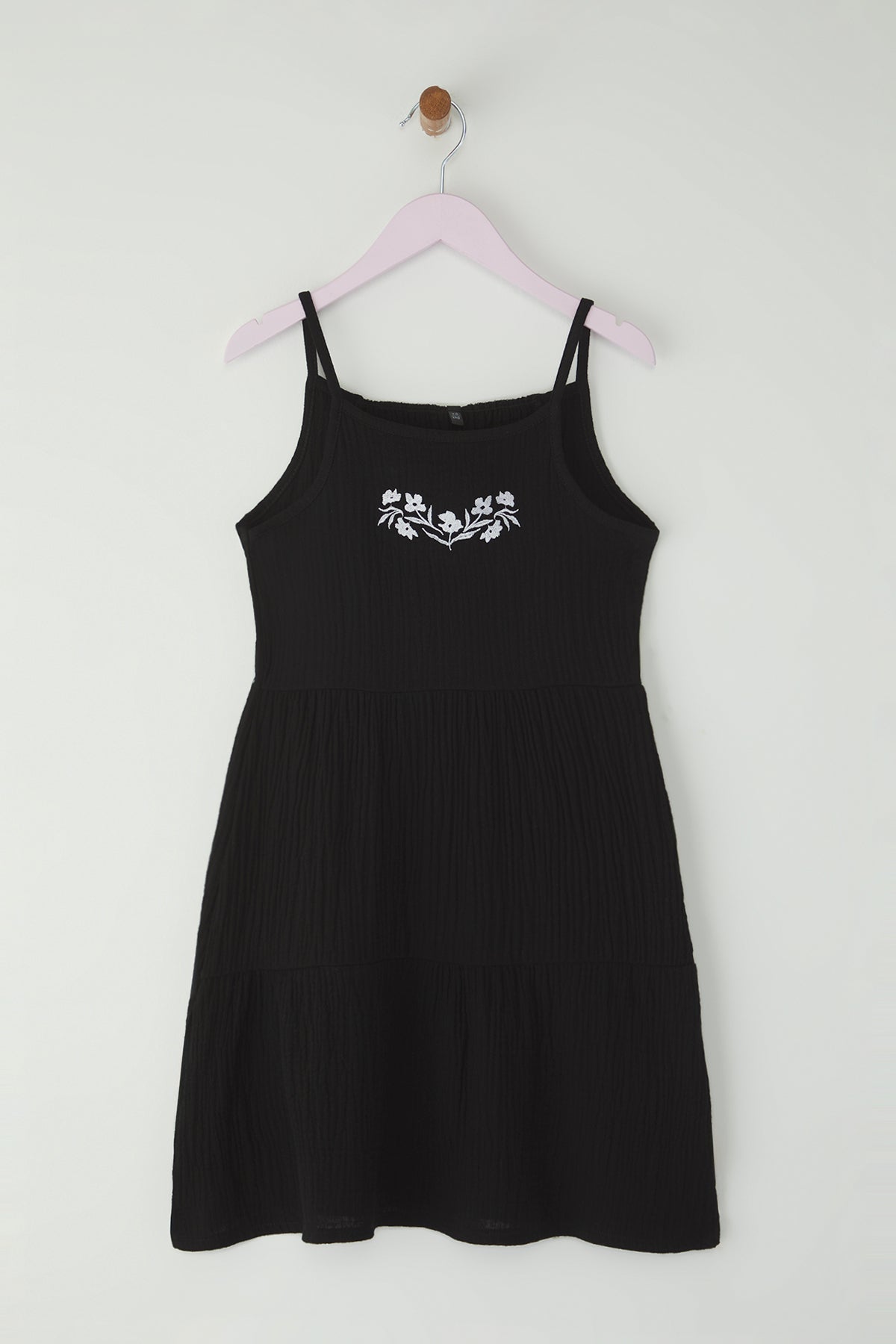 Girls' Black Embroidered Cotton Strappy Mini Dress