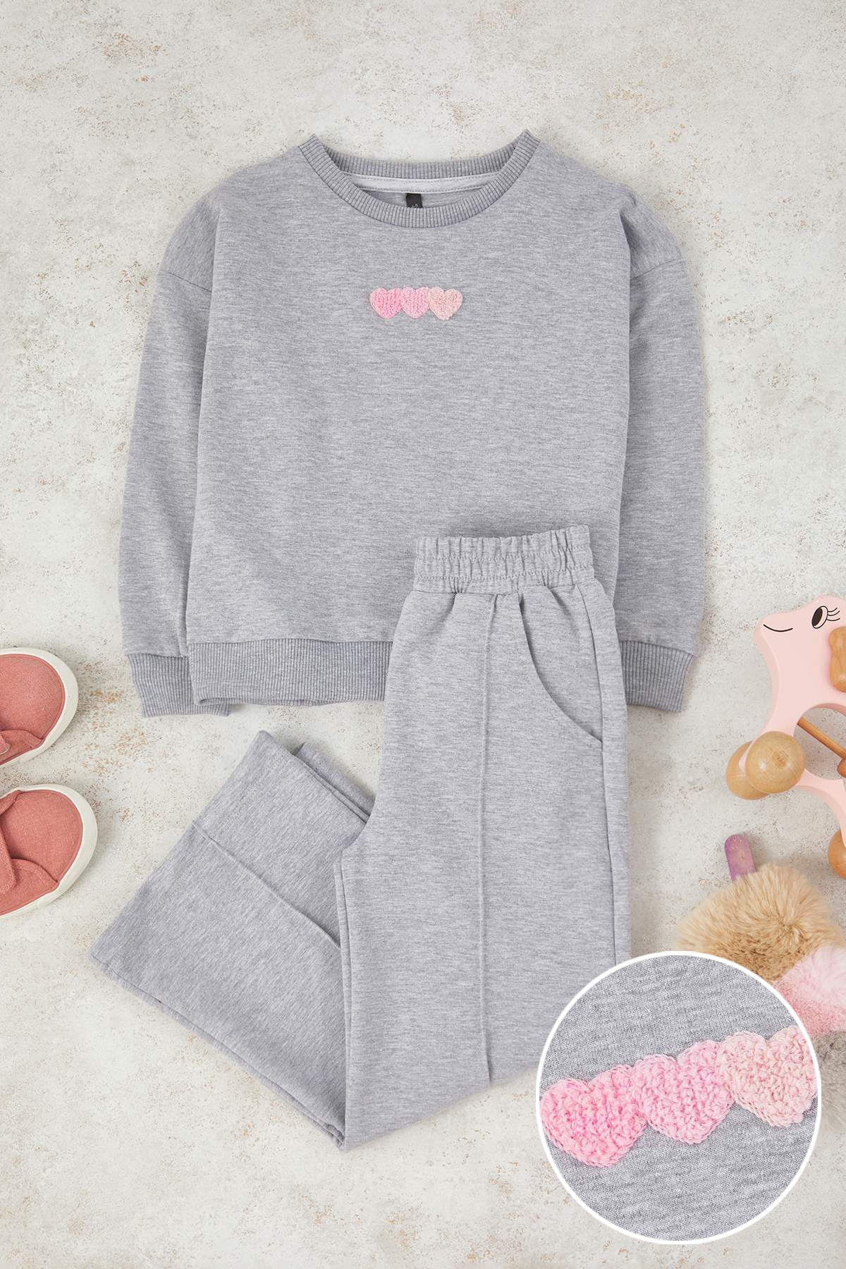 Girls' Grey Marl Heart Oversized Two-Piece Set