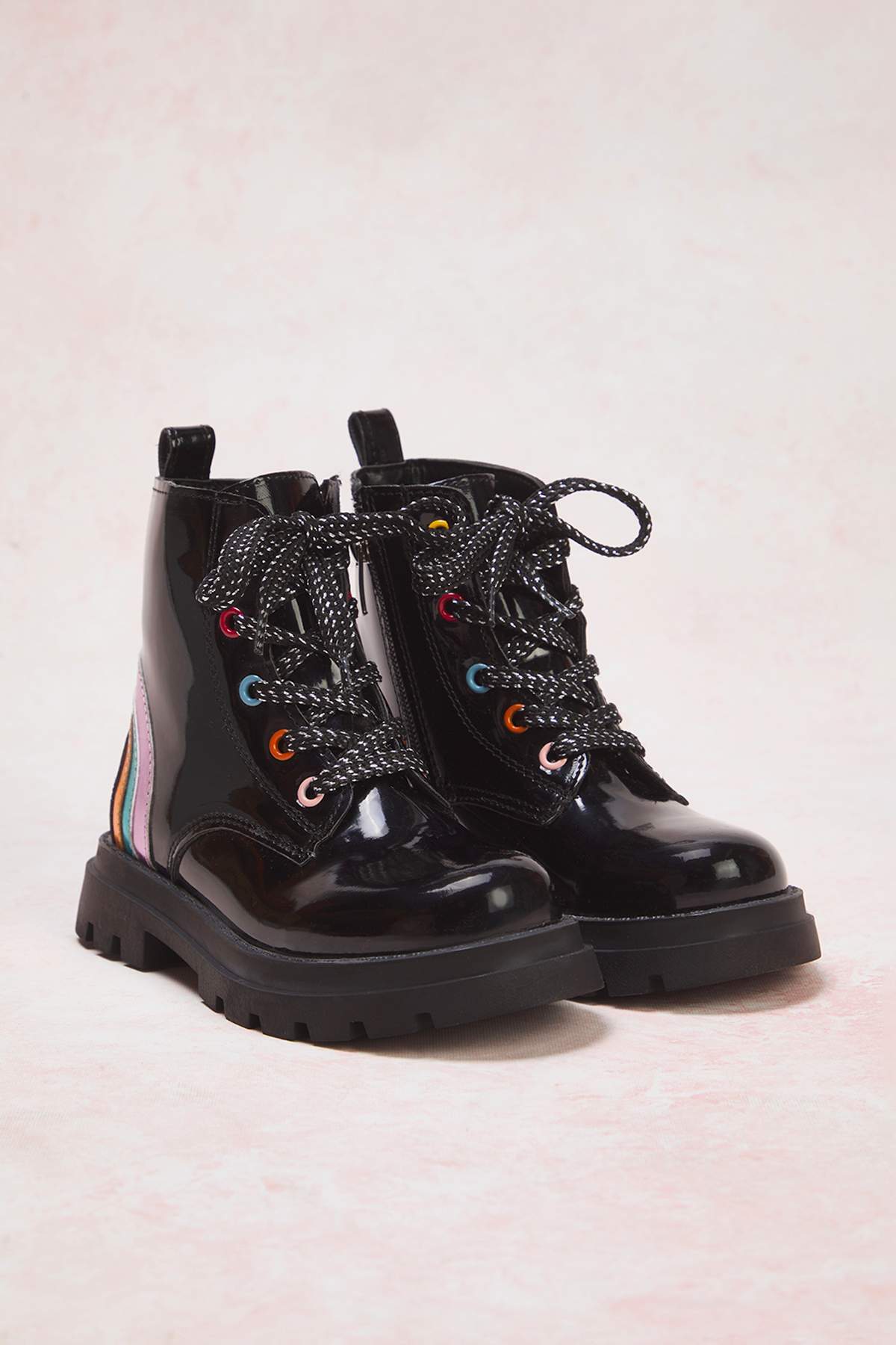 Girls' Black Patent Lace-Up Combat Boots with Zip