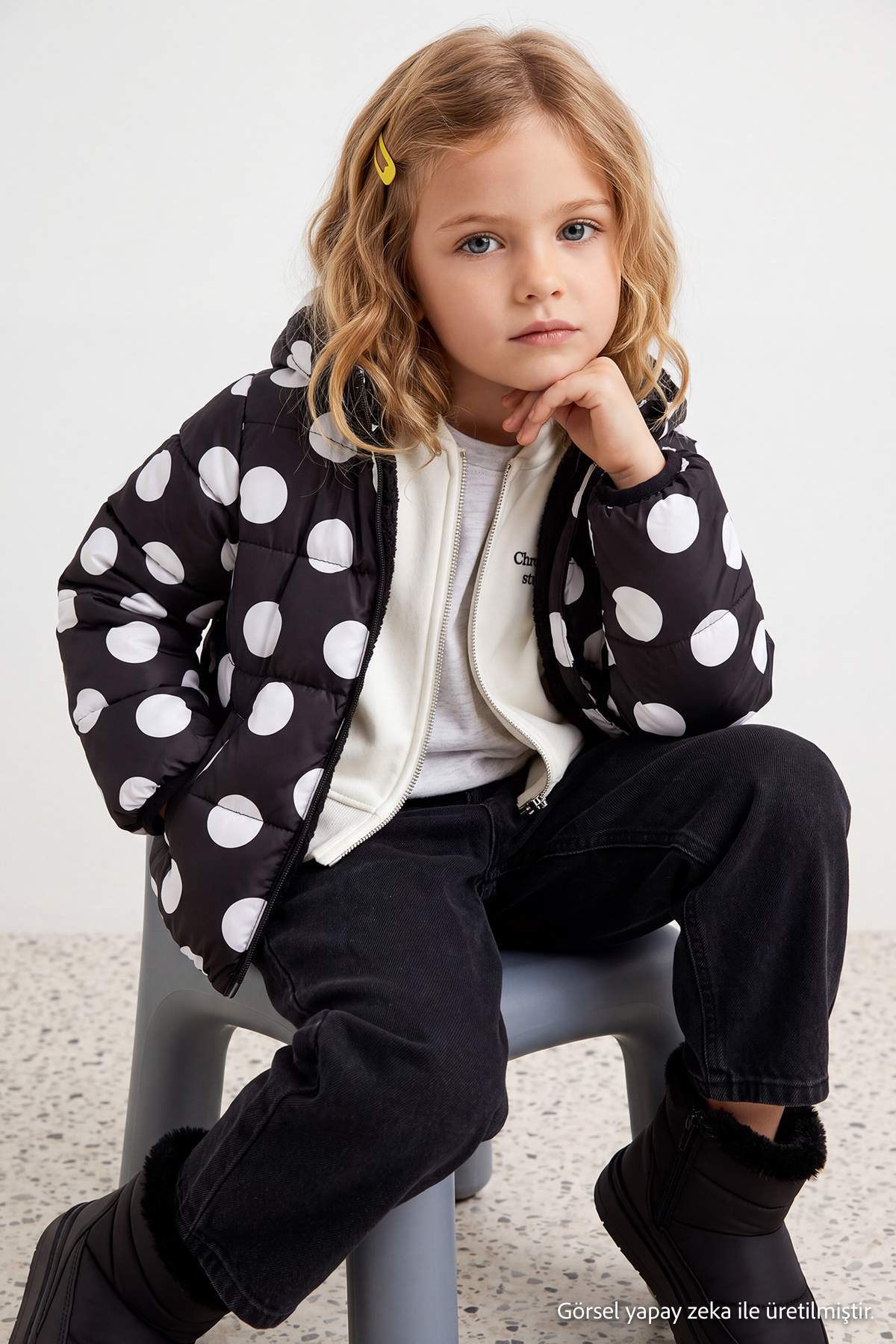 Girls' Black Polka-Dot Fleece-Lined Hooded Puffer Coat