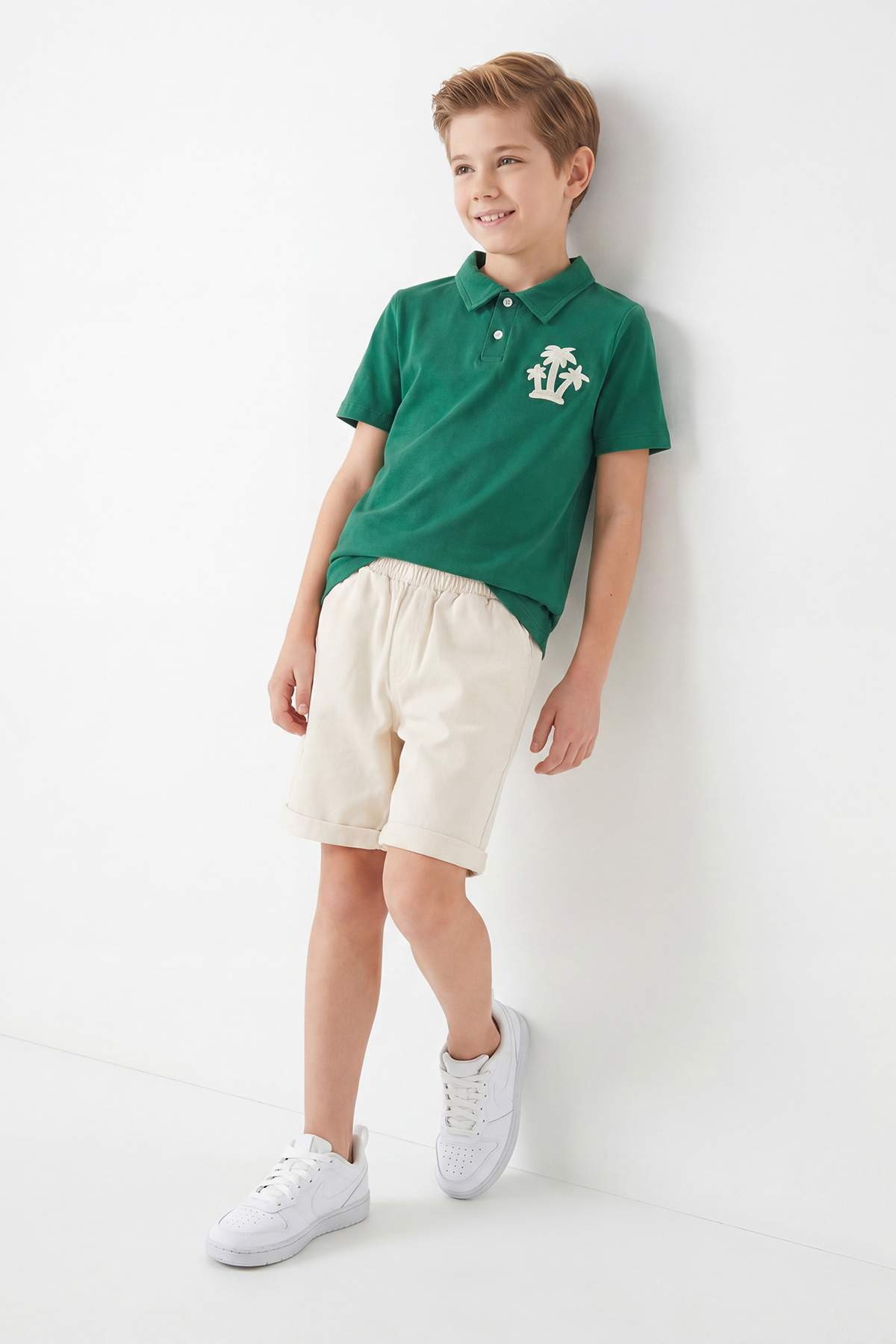 Boys' Green Embroidered Cotton Polo Short-Sleeve Set