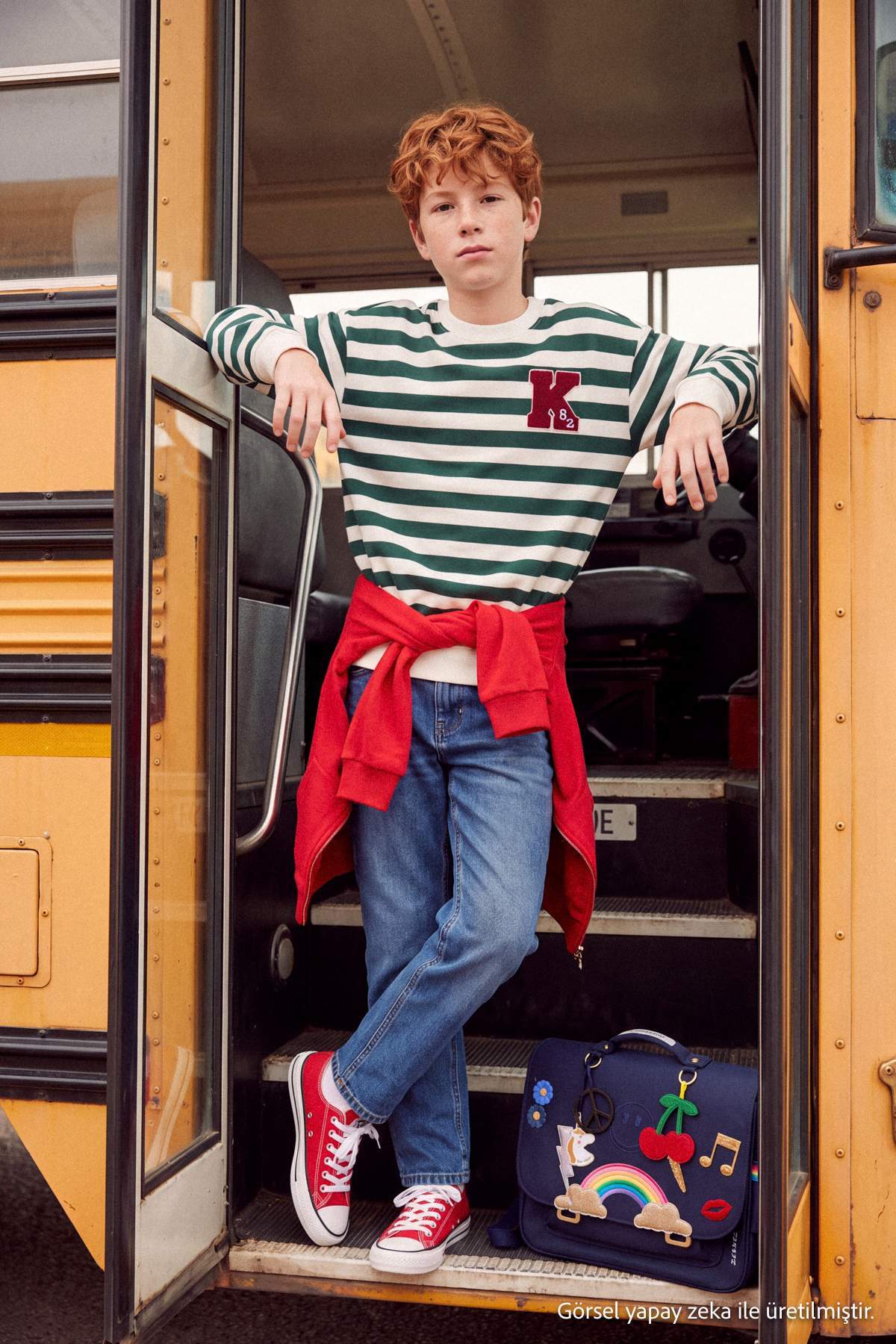 Boys' Green Striped Embroidered Thick Sweatshirt