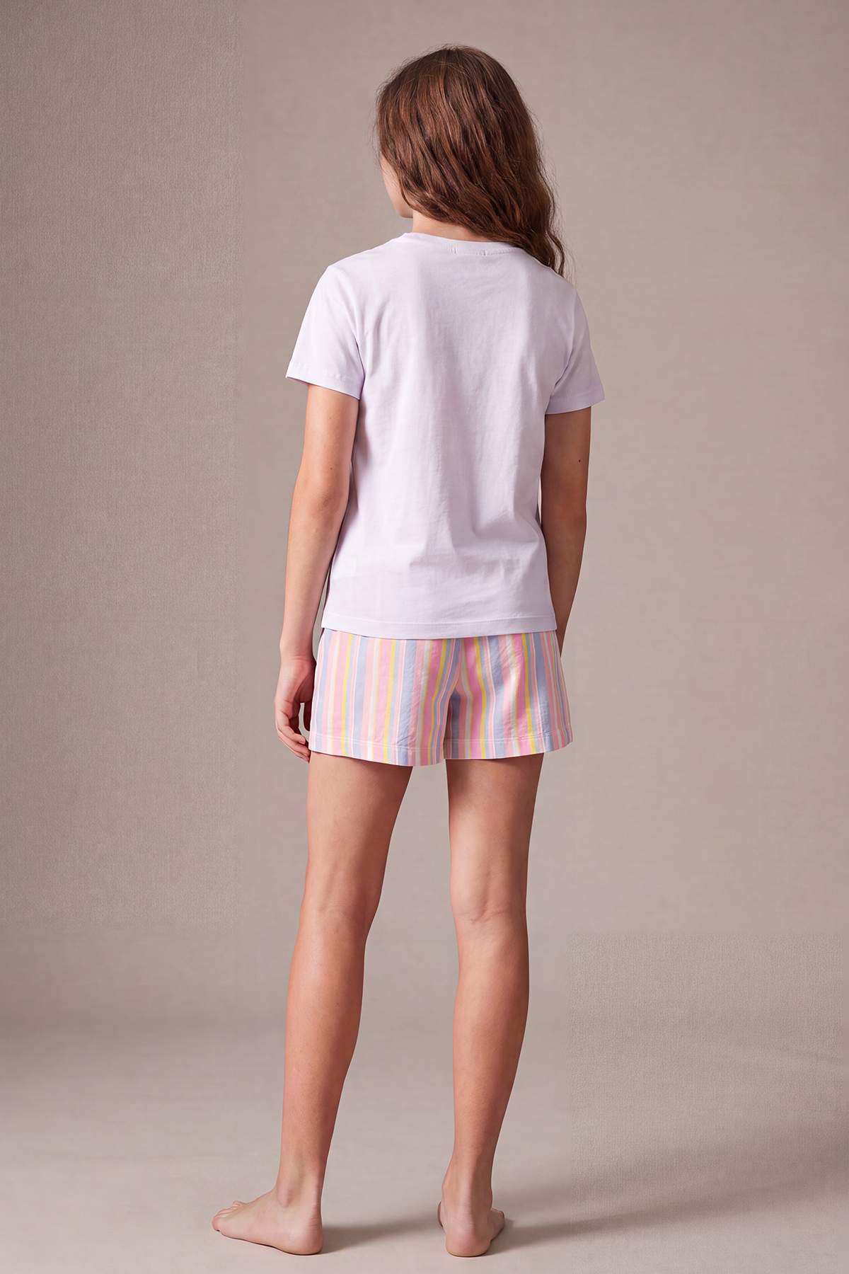 Girls' Pink Printed T-Shirt & Striped Shorts Pyjama Set