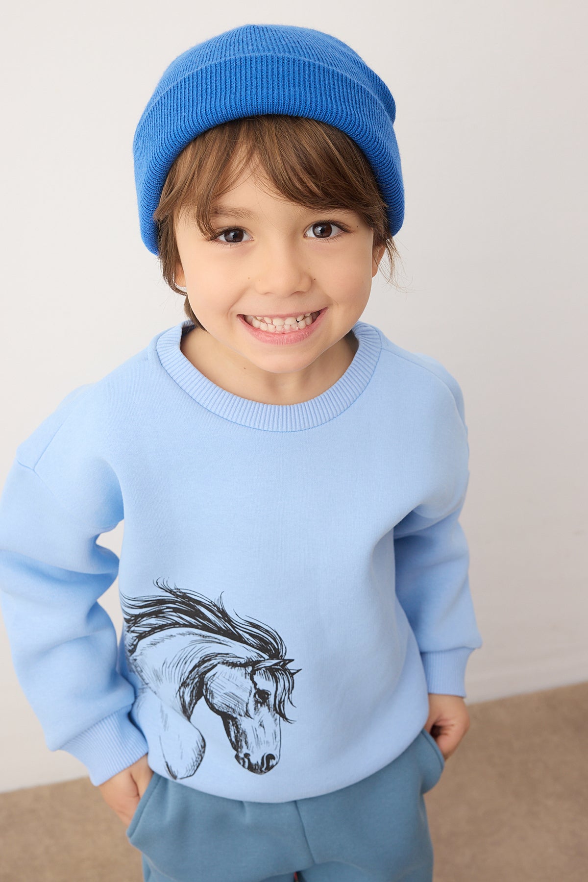 Boys' Blue Horse-Print Fleece-Lined Two-Piece Set
