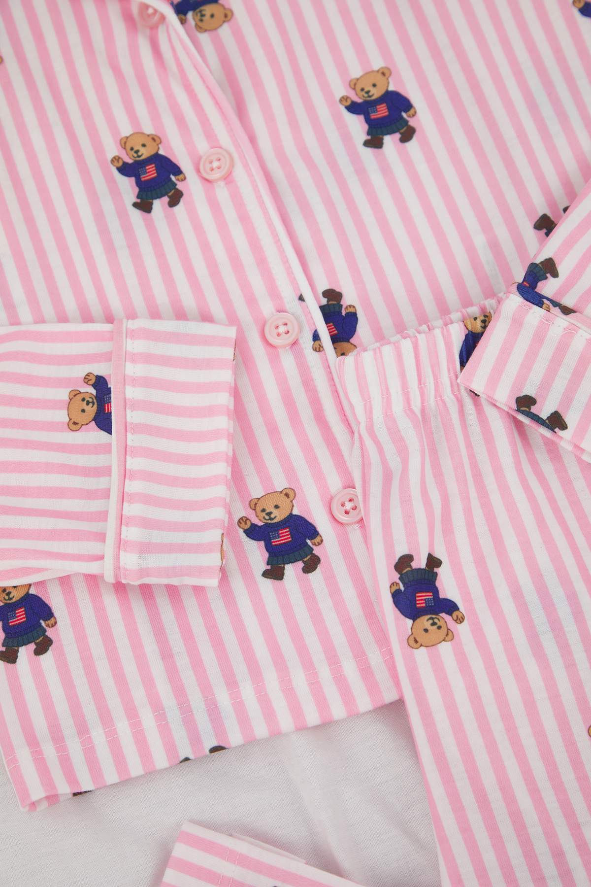 Girls' Pink Soft Patterned Pyjama Set with Shirt Collar