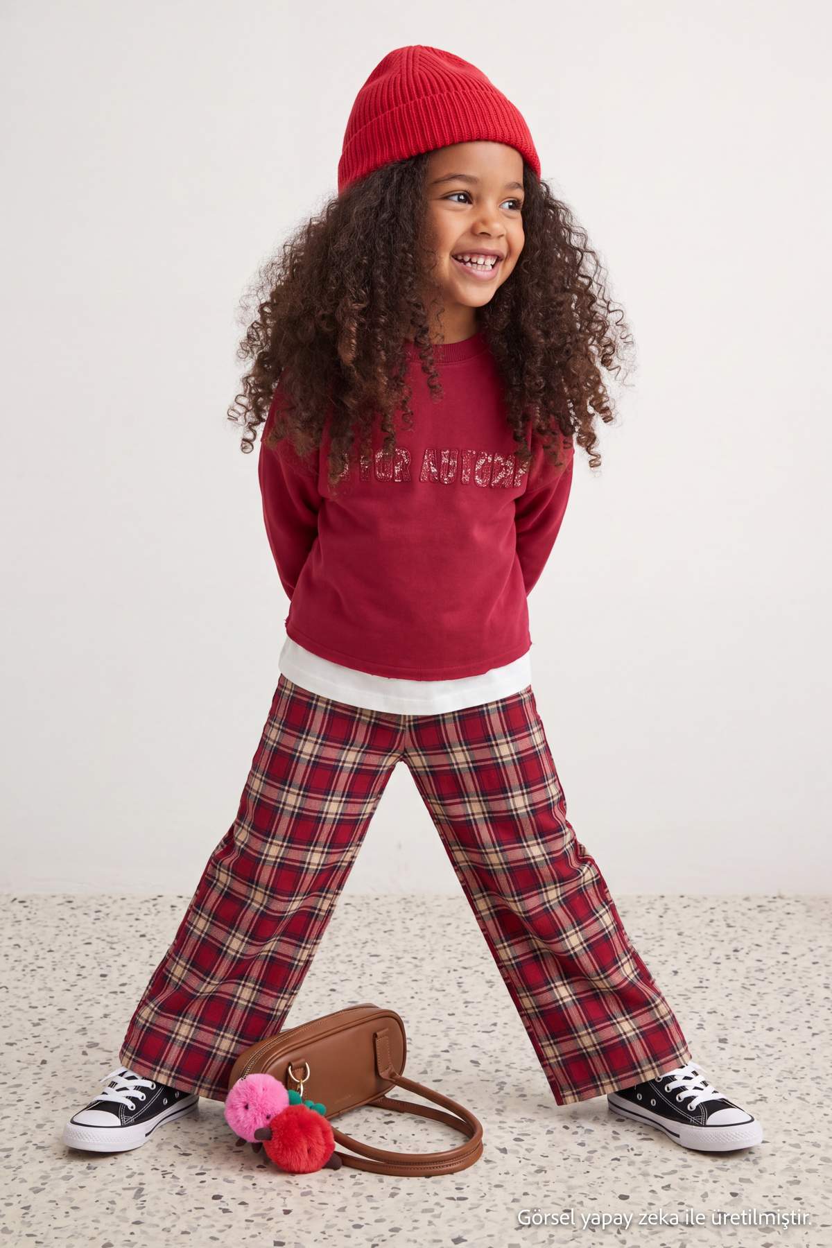 Girls' Burgundy Check Knit Trousers