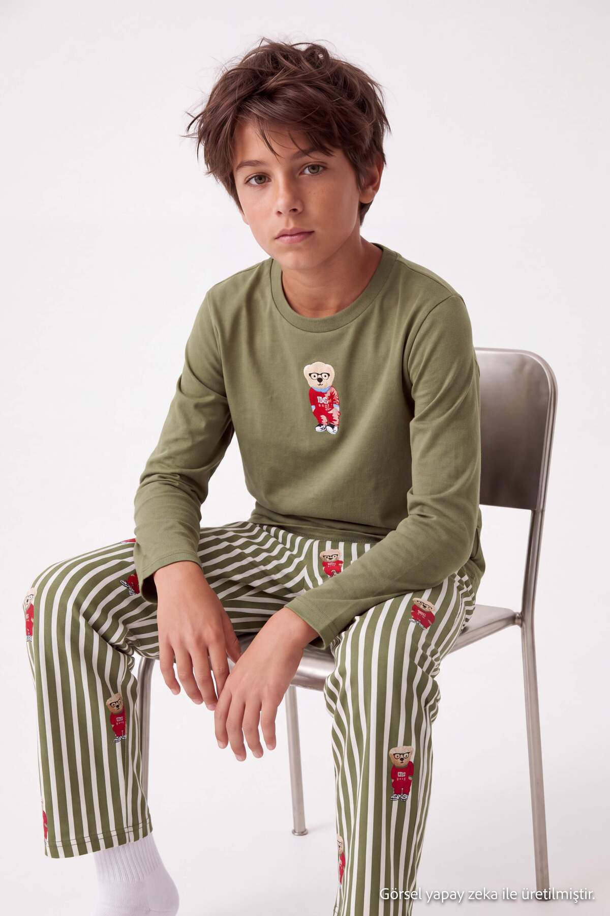 Boys' Khaki Printed Cotton Pyjama Set