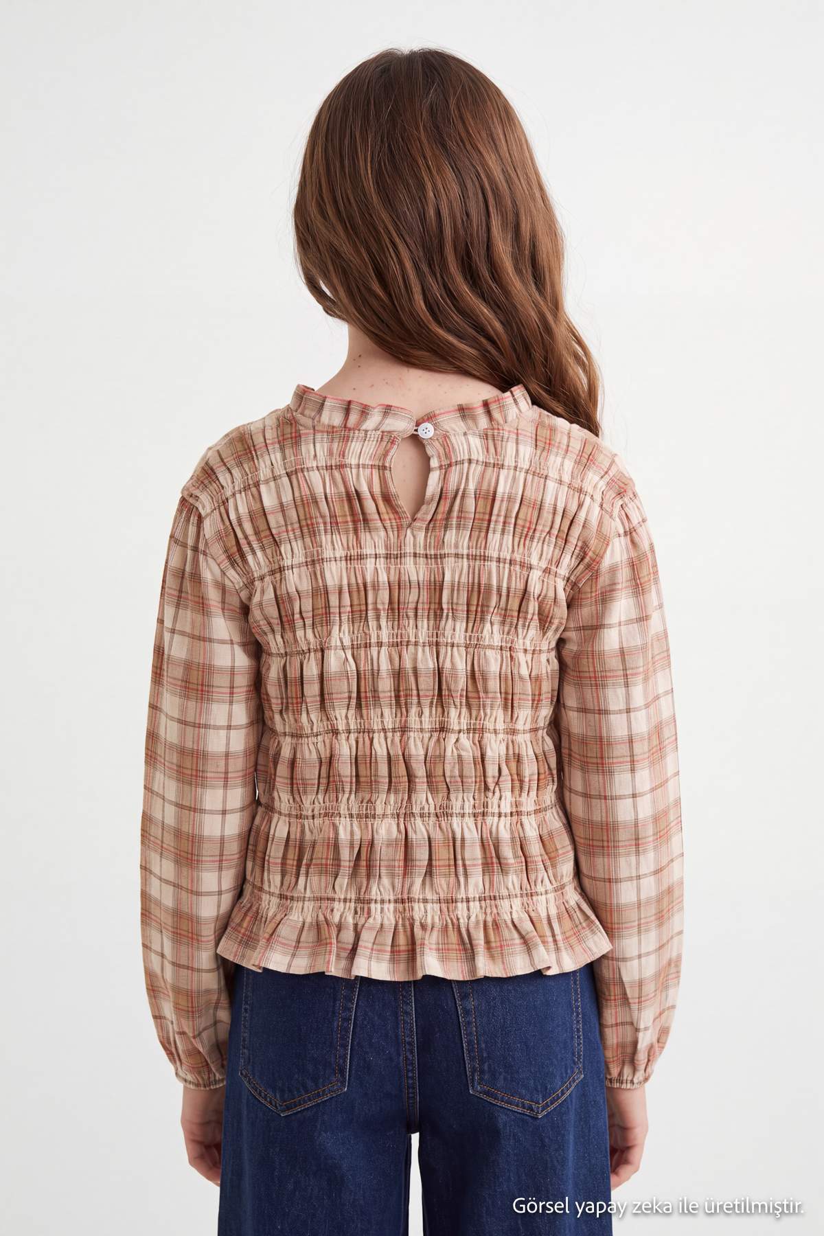 Girls' Plaid Shirred Long-Sleeve Shirt