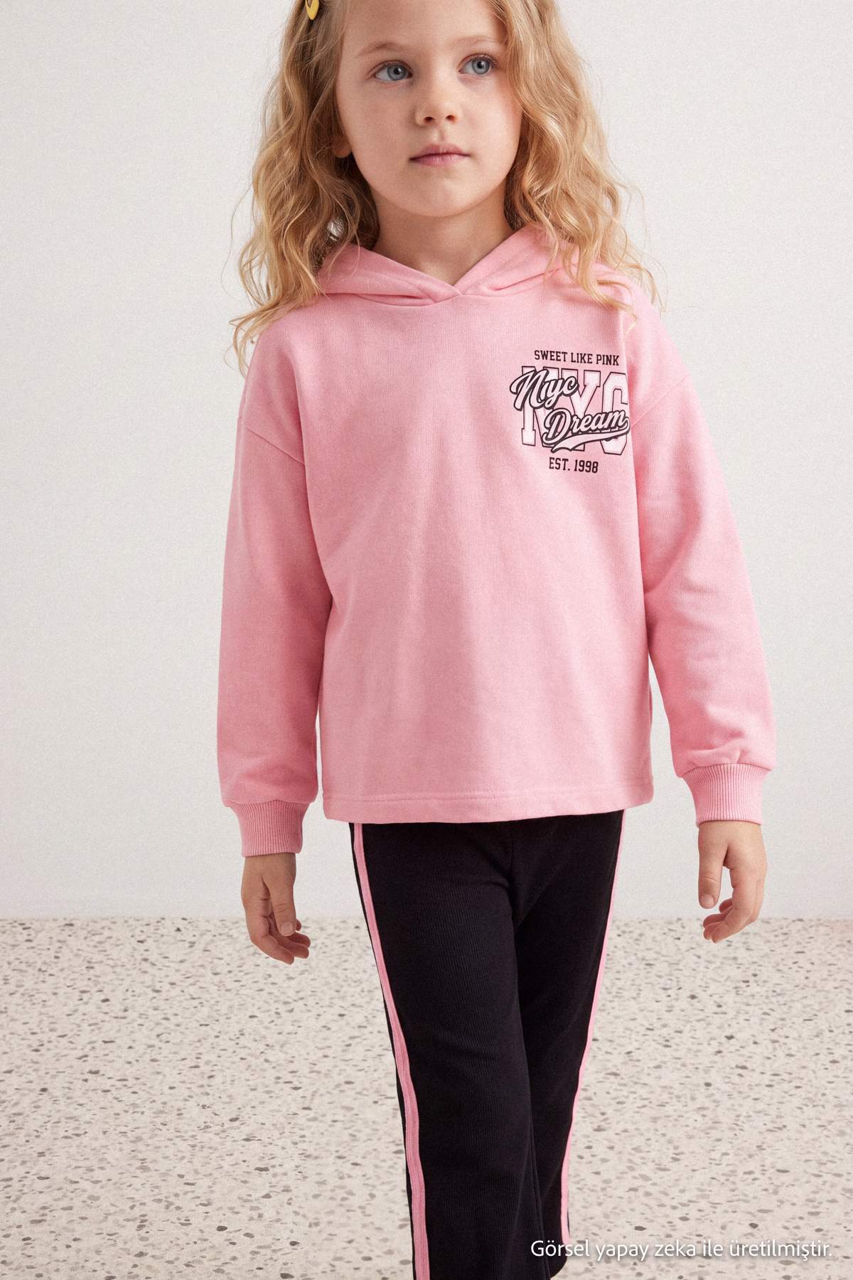 Girls' Pink Printed Thick Hoodie & Leggings Set