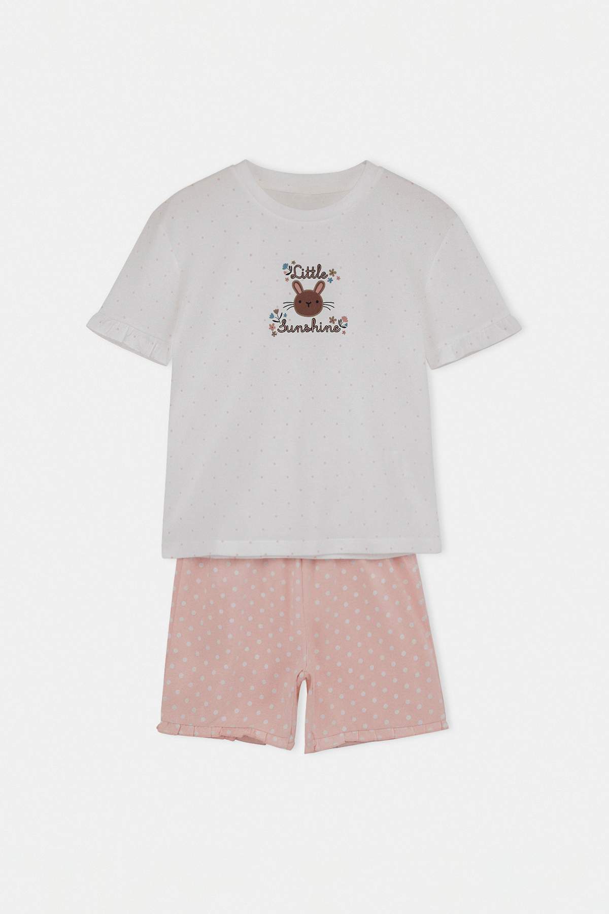Girls' Ecru T-Shirt & Polka-Dot Ruffle Shorts Pyjama Set