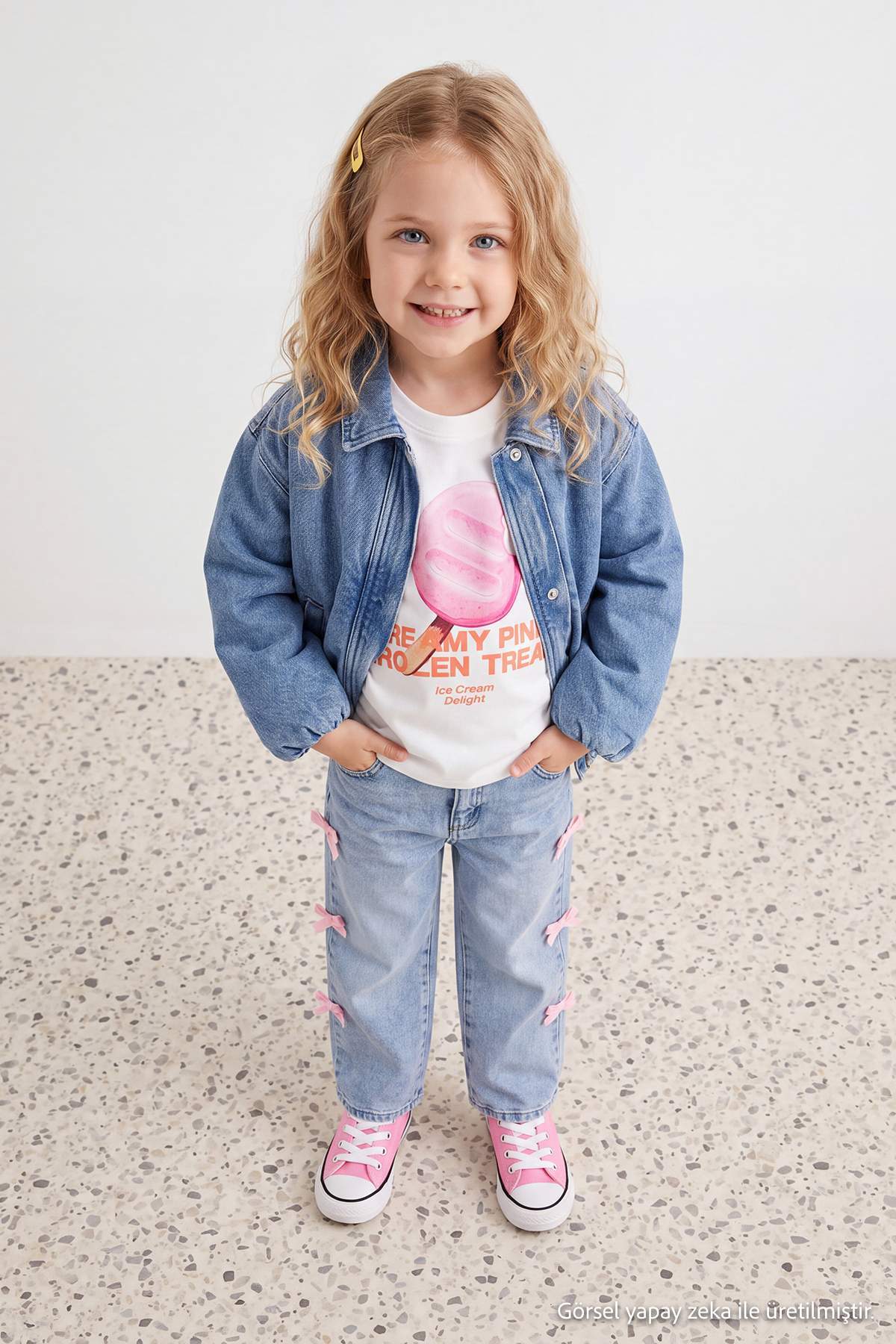 Girls' Mid-Blue Cotton Bow Wide-Leg Jeans