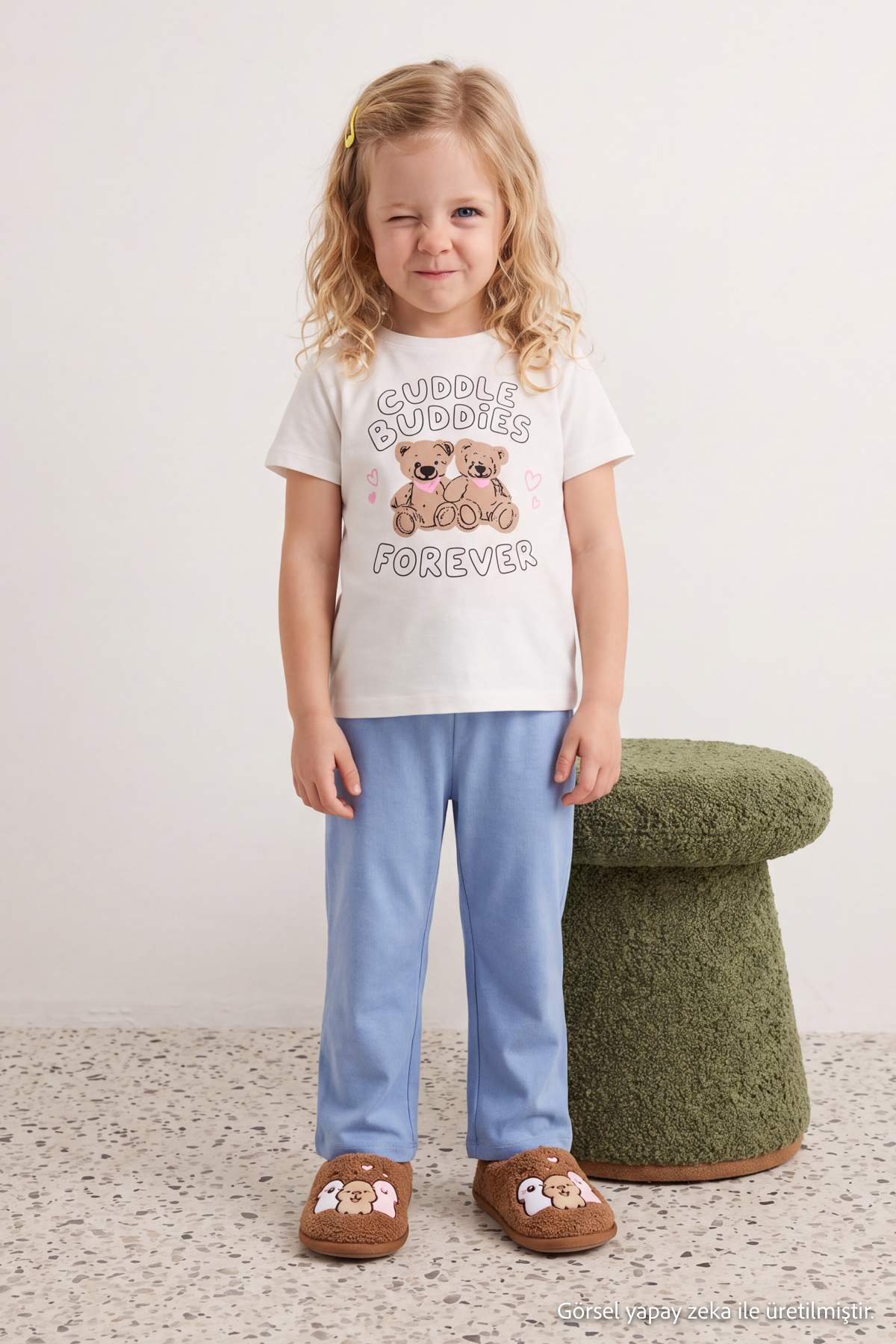 Girls' Ecru Teddy-Print Pyjama Set