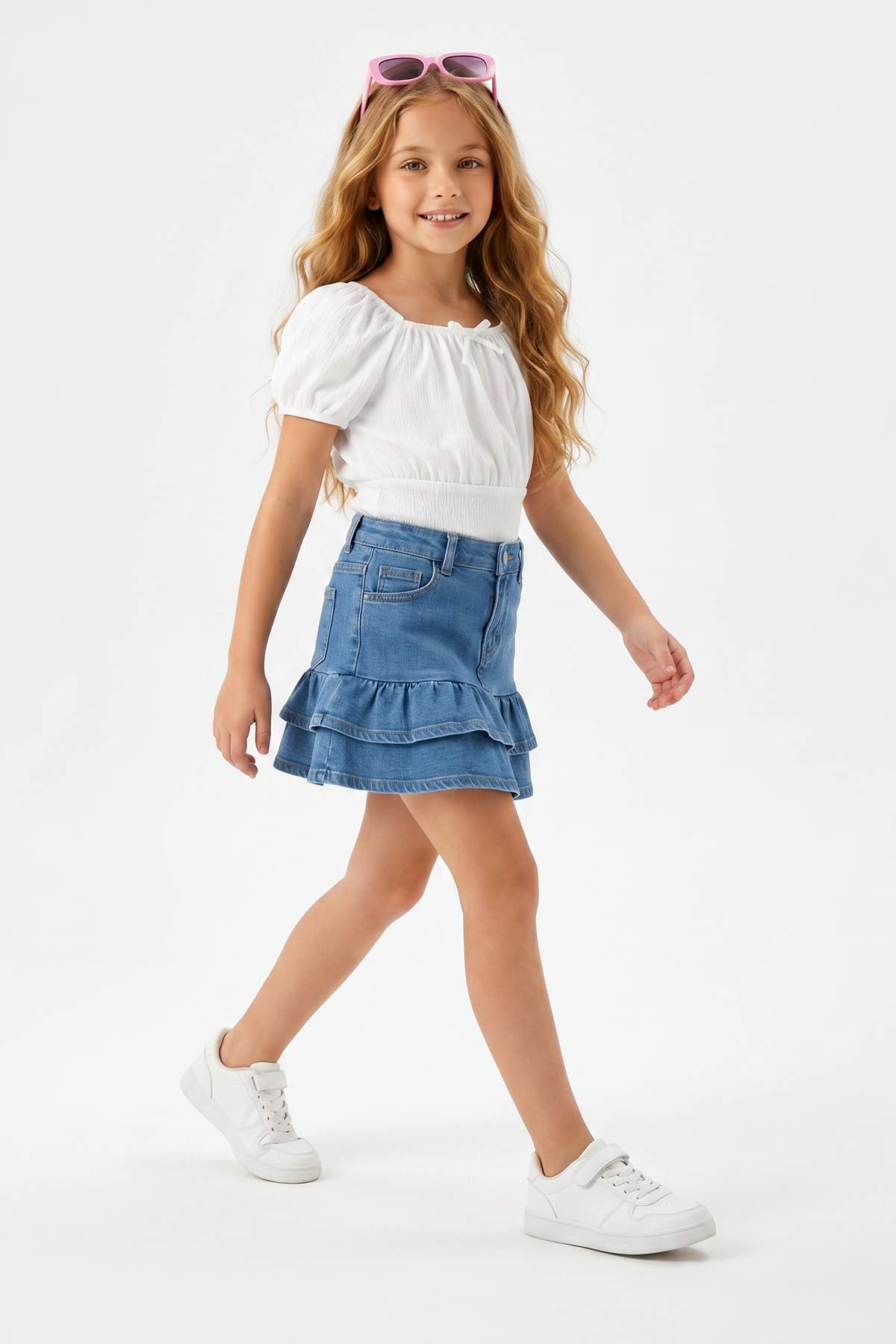 Girls' Blue Ruffled Denim Skirt