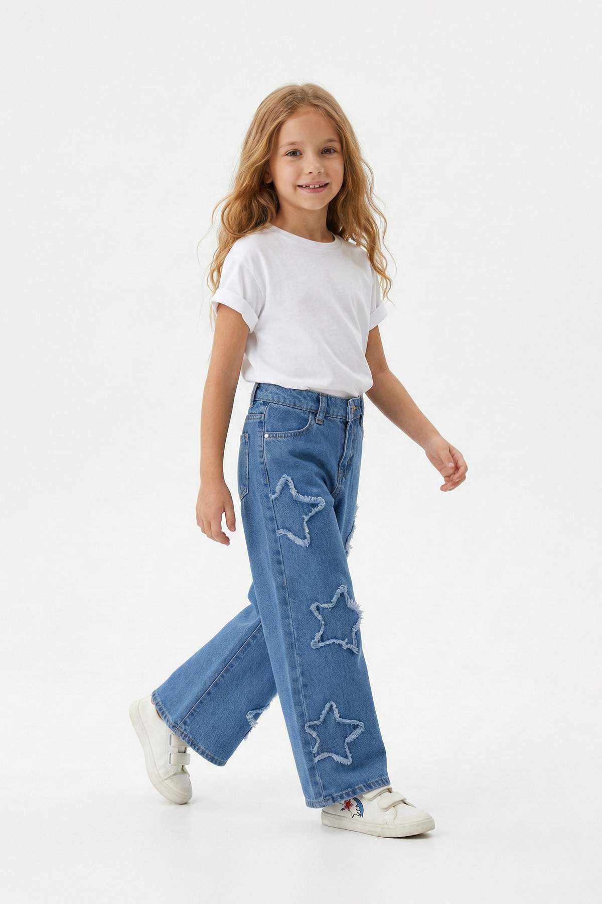 Girls' Blue Star-Print Wide-Leg Denim Trousers