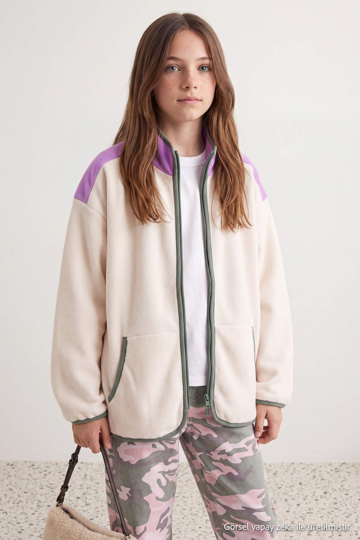 Girls' Ecru Fleece Jacket with Pockets