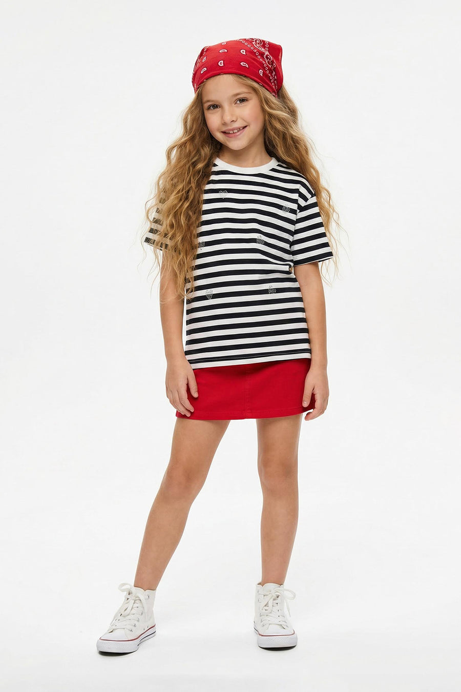 Girls' Striped Heart-Embroidered Oversized Cotton T-Shirt