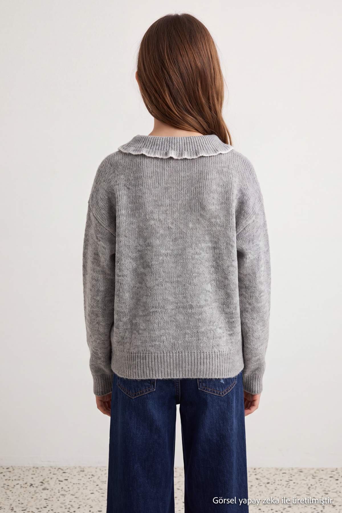 Girls' Grey Marl Polo-Collar Jumper