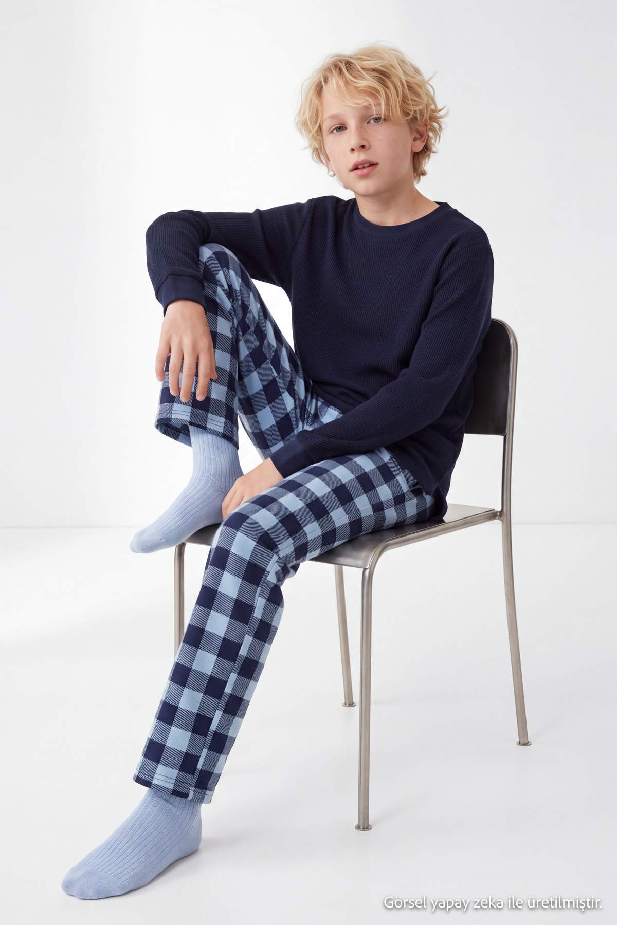 Boys' Navy Top & Checked Trousers Pyjama Set