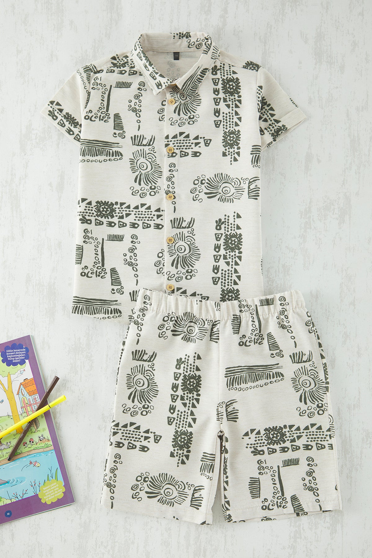 Boys' Beige Printed Woven Shirt & Shorts Set