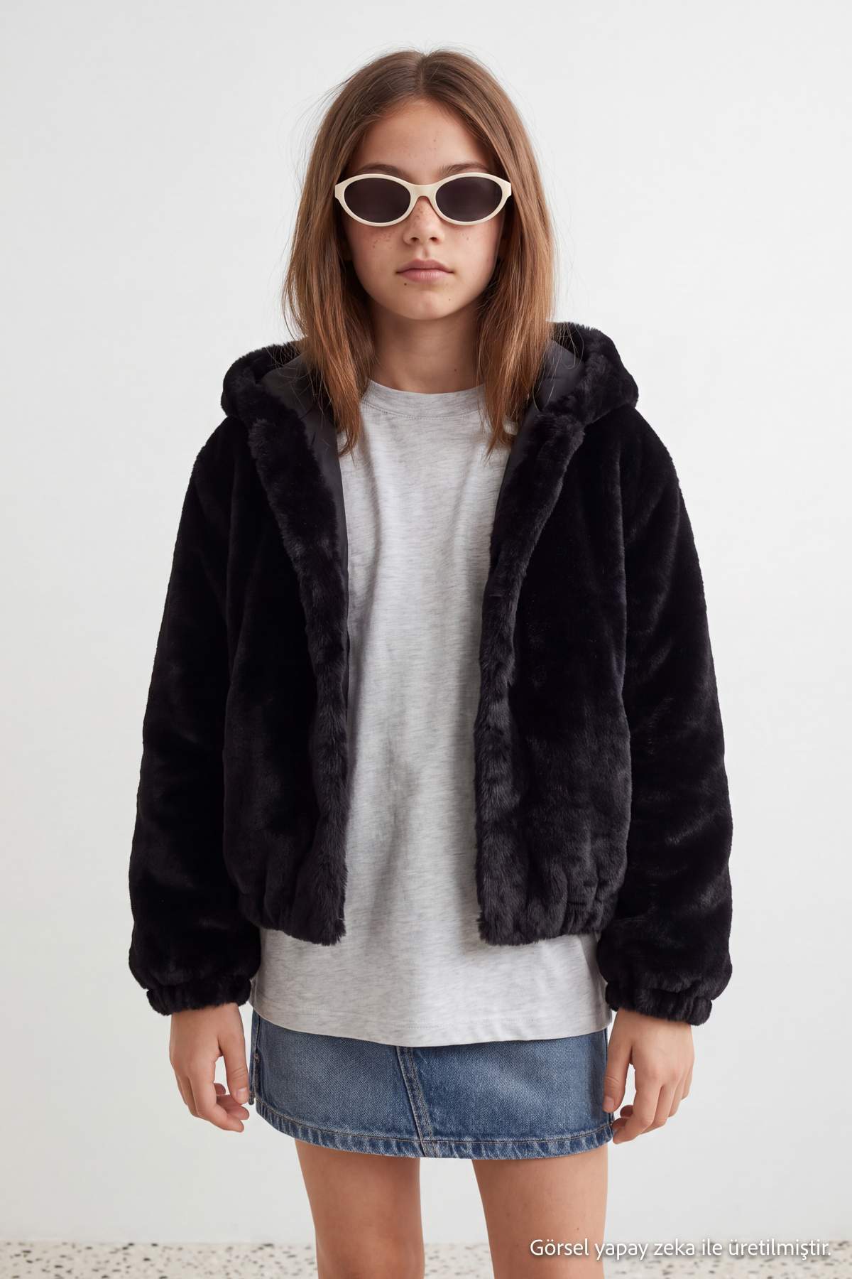 Girls' Black Hooded Plush Jacket