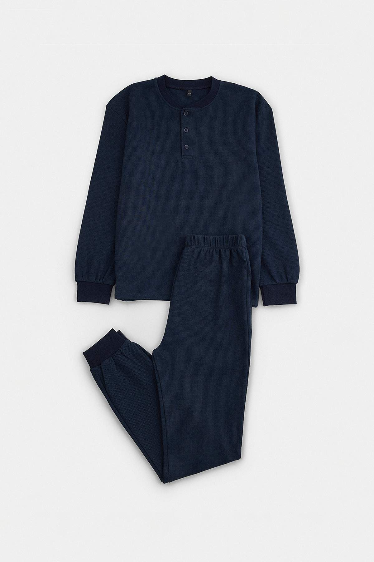 Boys' Navy Textured Henley Pyjama Set